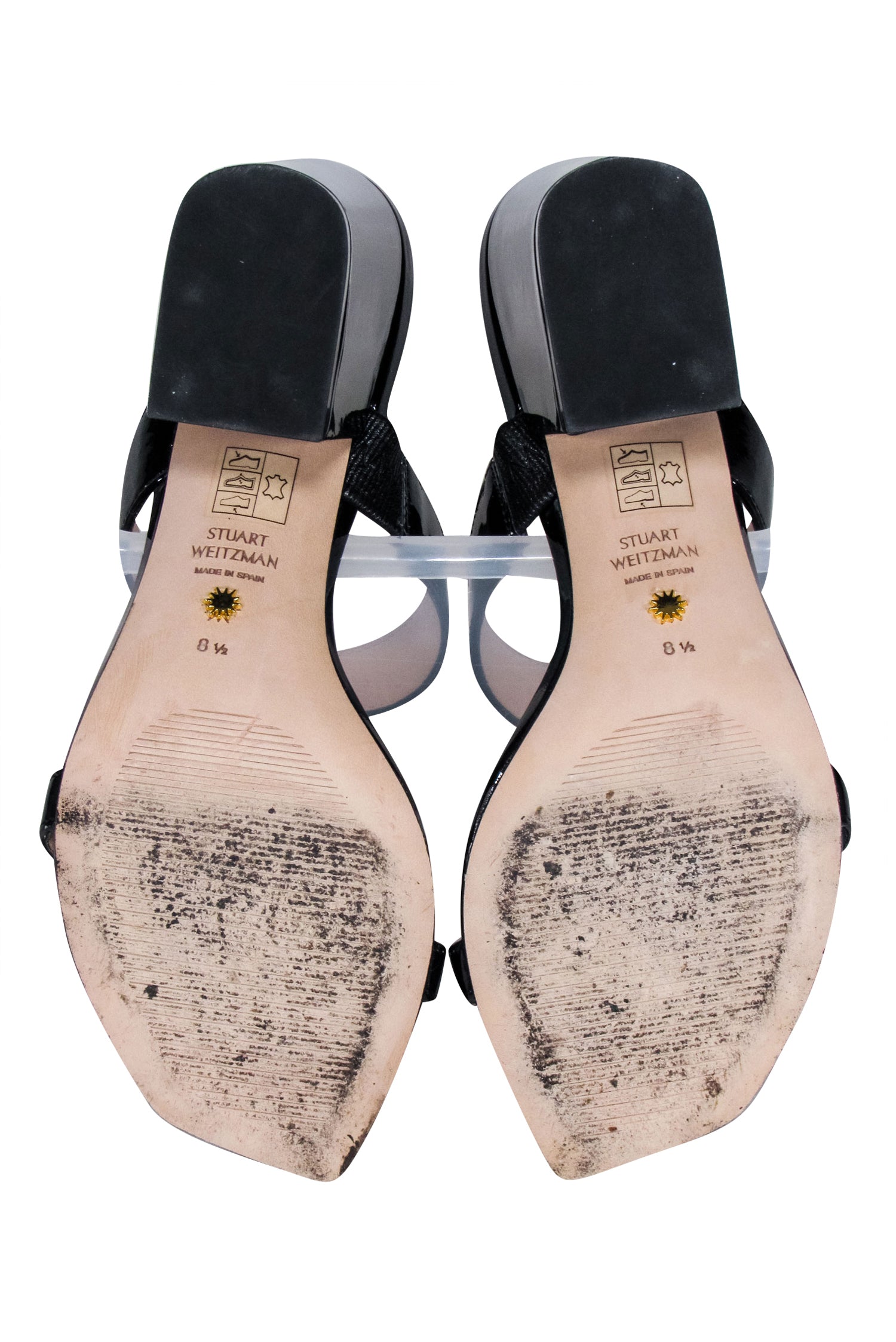 Stuart Weitzman's Irresistible Black Patent Leather Open Toe Chunky Heel Pumps - Size 8.5