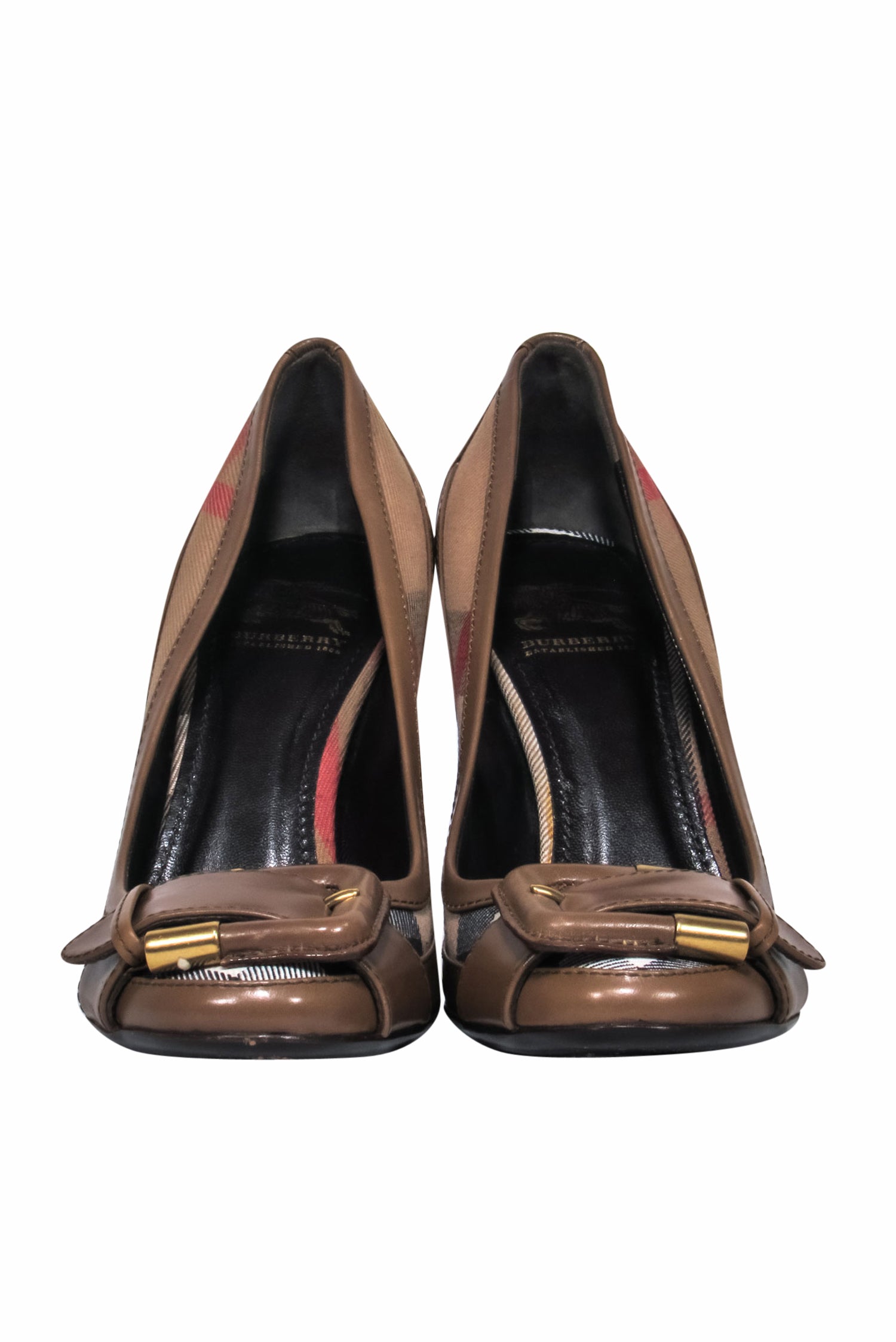 Burberry's Stylish Brown Plaid Leather Buckle Pumps - Size 5