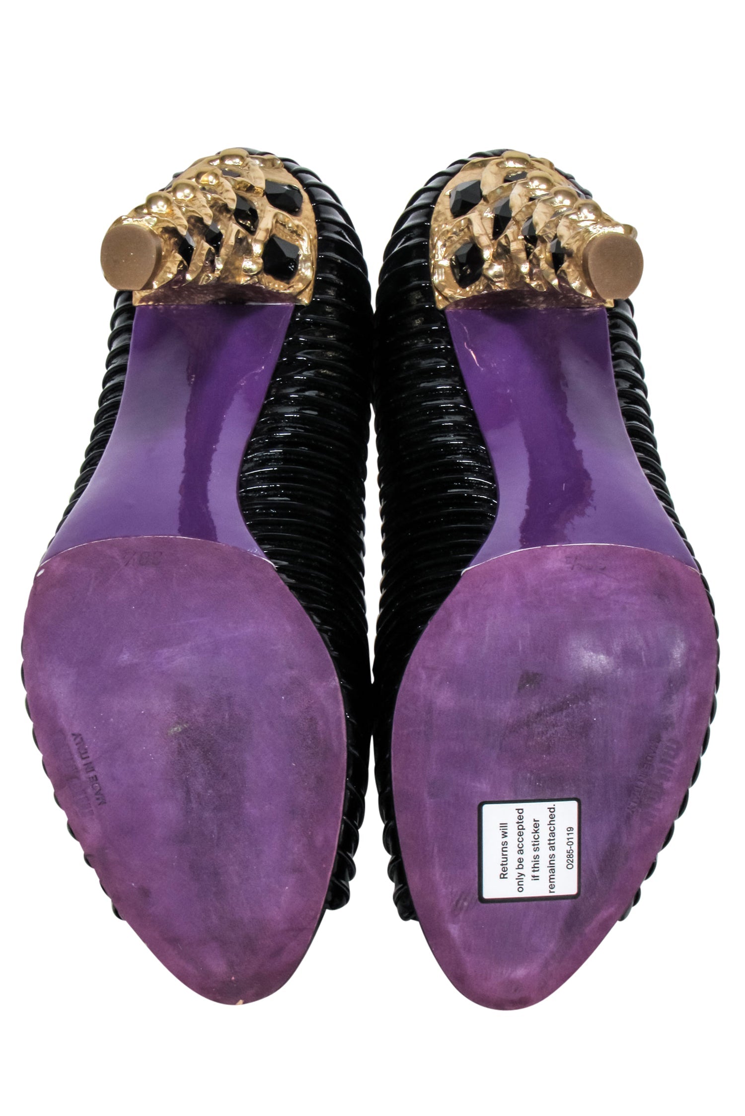 Miu Miu Black Pleated Patent Leather Heels with Rhinestone Embellished Gold Heel - Size 8.5