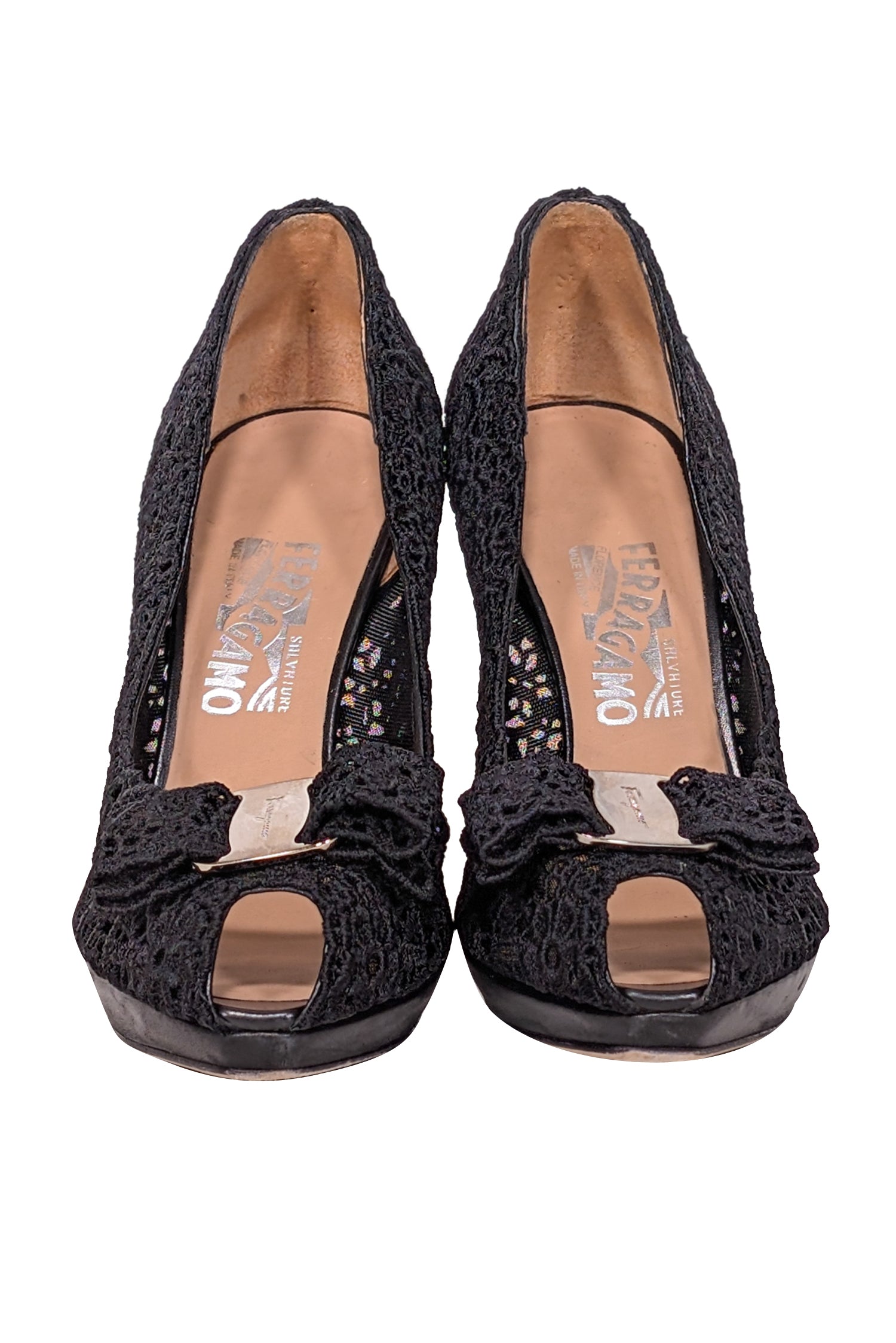Ferragamo's Alluring Black Eyelet Lace Peep Toe Pumps - Size 8.5