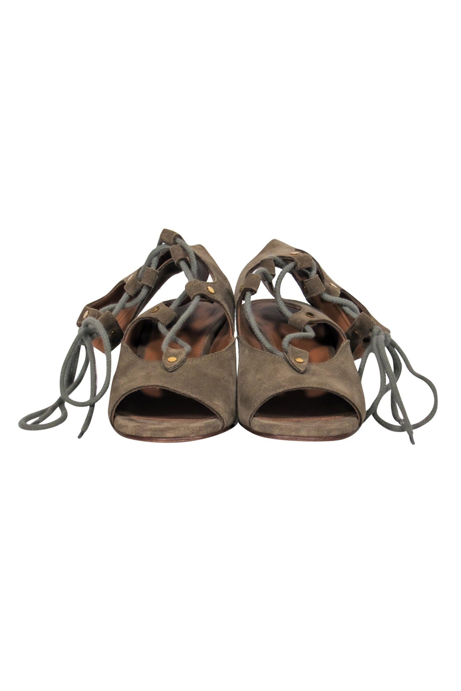 Chloe Olive Suede Lace - Up Wedge Sandals - Size 7 for Summer Glam