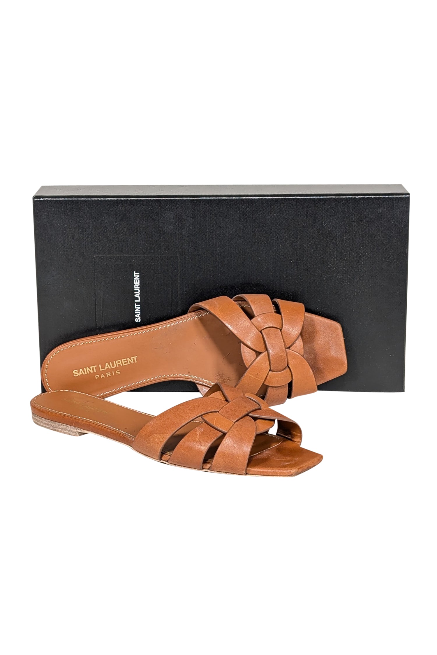 Yves Saint Laurent Tan Tribute Woven Leather Slides - Size 8.5: Elevate Your Summer Style!