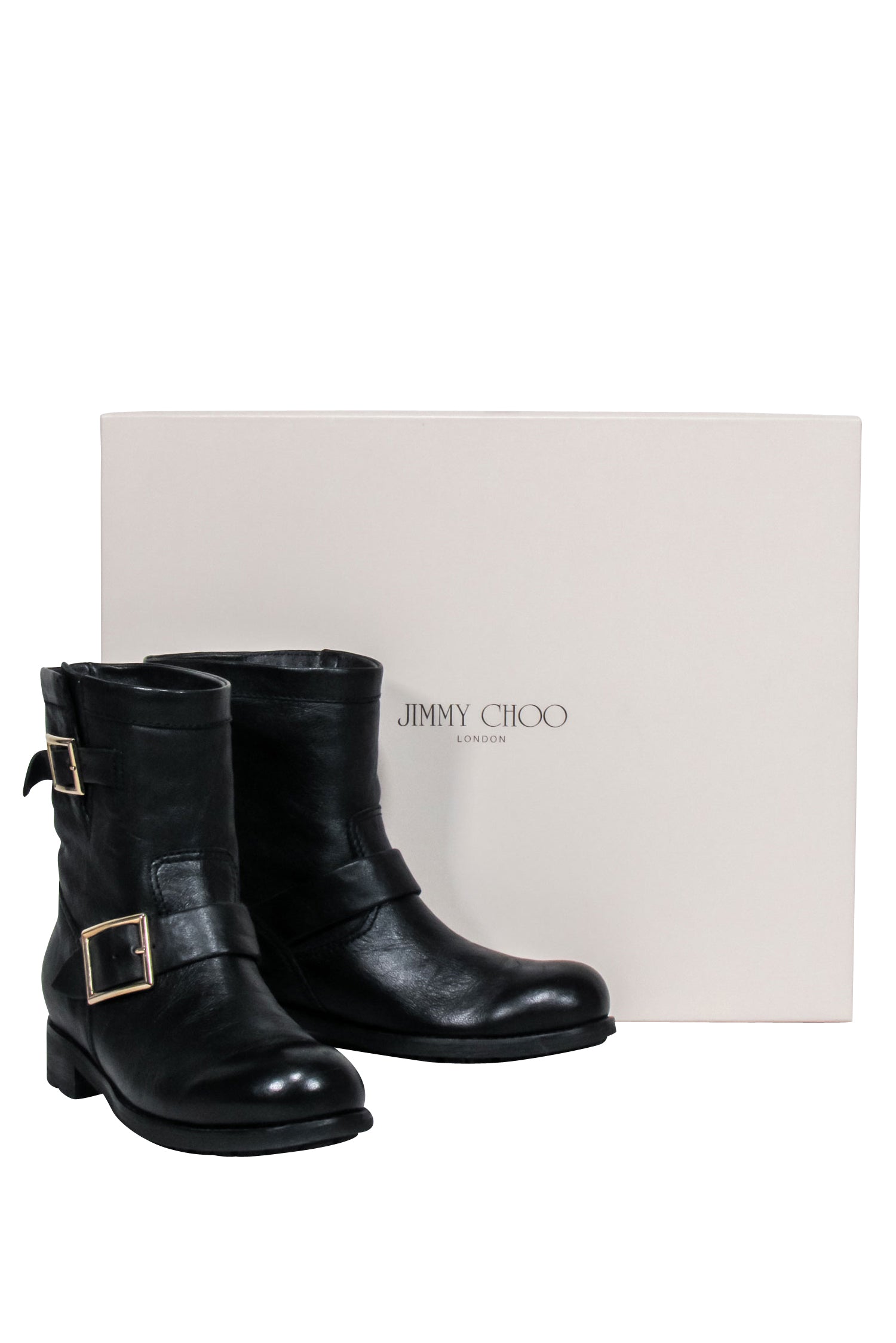 Jimmy Choo's Stunning Black Leather Ankle Buckle Short Boots - Size 7.5