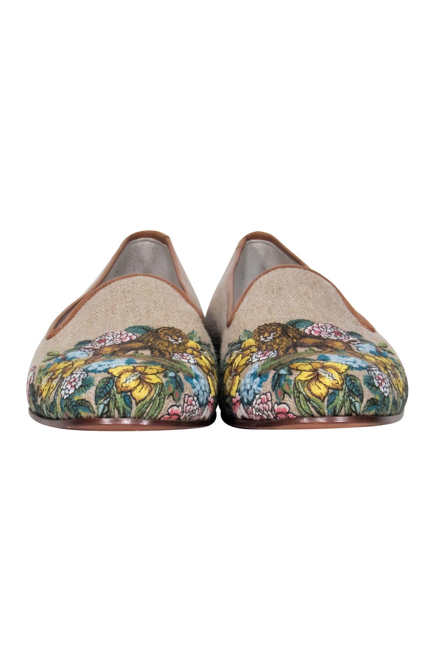 Stubbs & Wootton's Stunning Tan Canvas Slipper Loafers with Lion Embroidery - Size 8.5