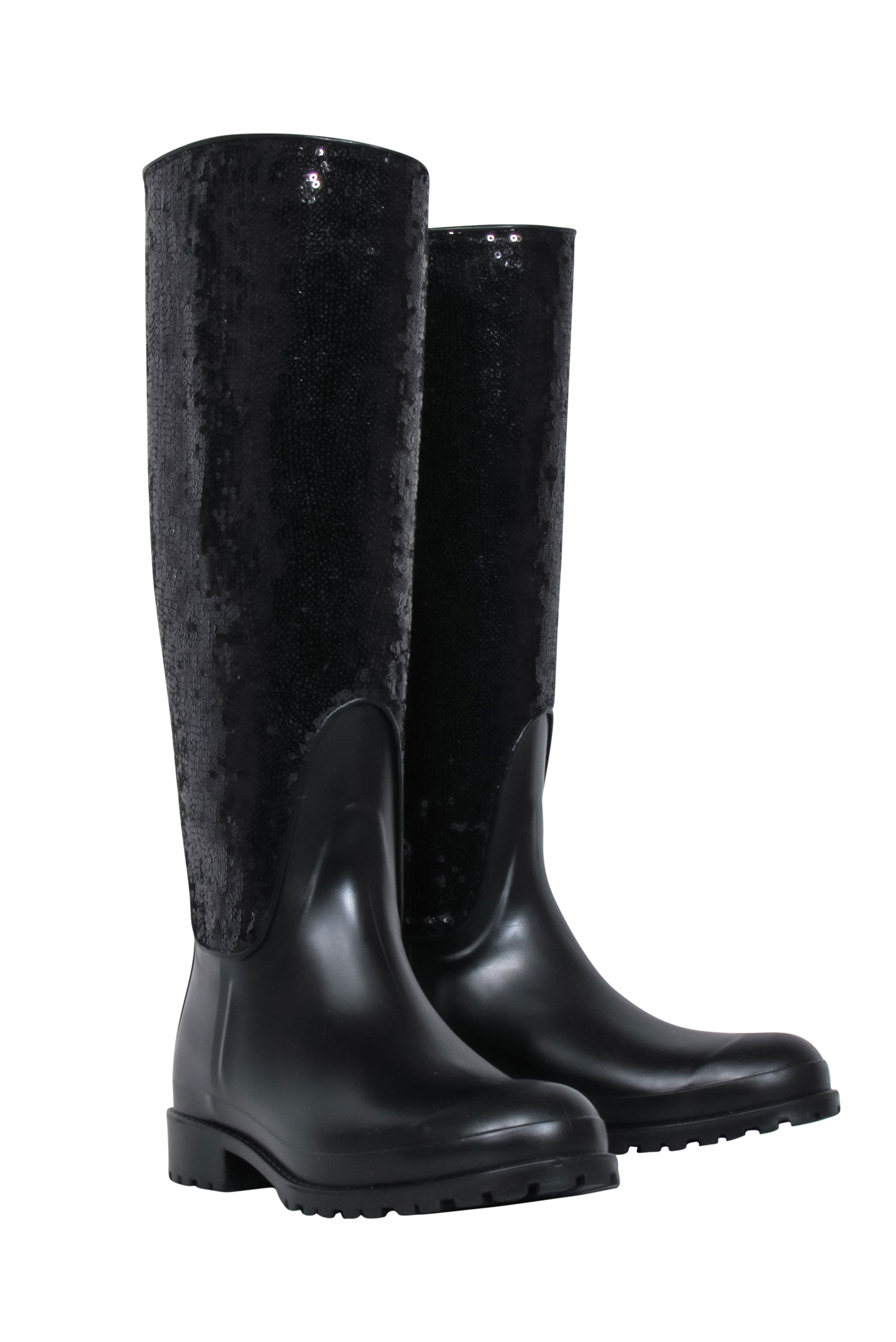 Yves Saint Laurent - Glamorous Black Sequin Rubber Boots, Size 7