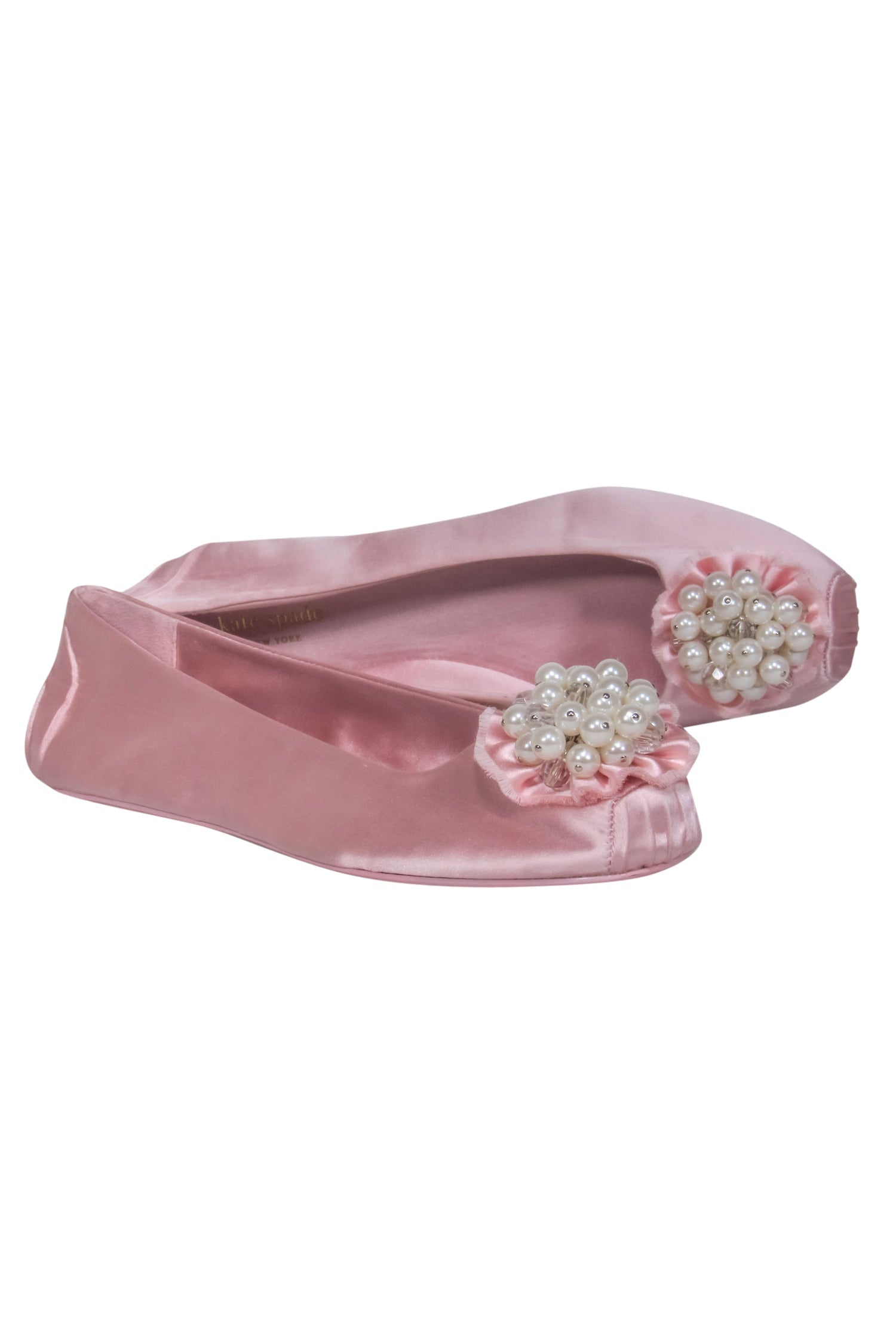 Kate Spade Baby Pink Satin Ballet Flats: Glamorous Ruffled, Pearl & Crystal Delight, Size 9.5