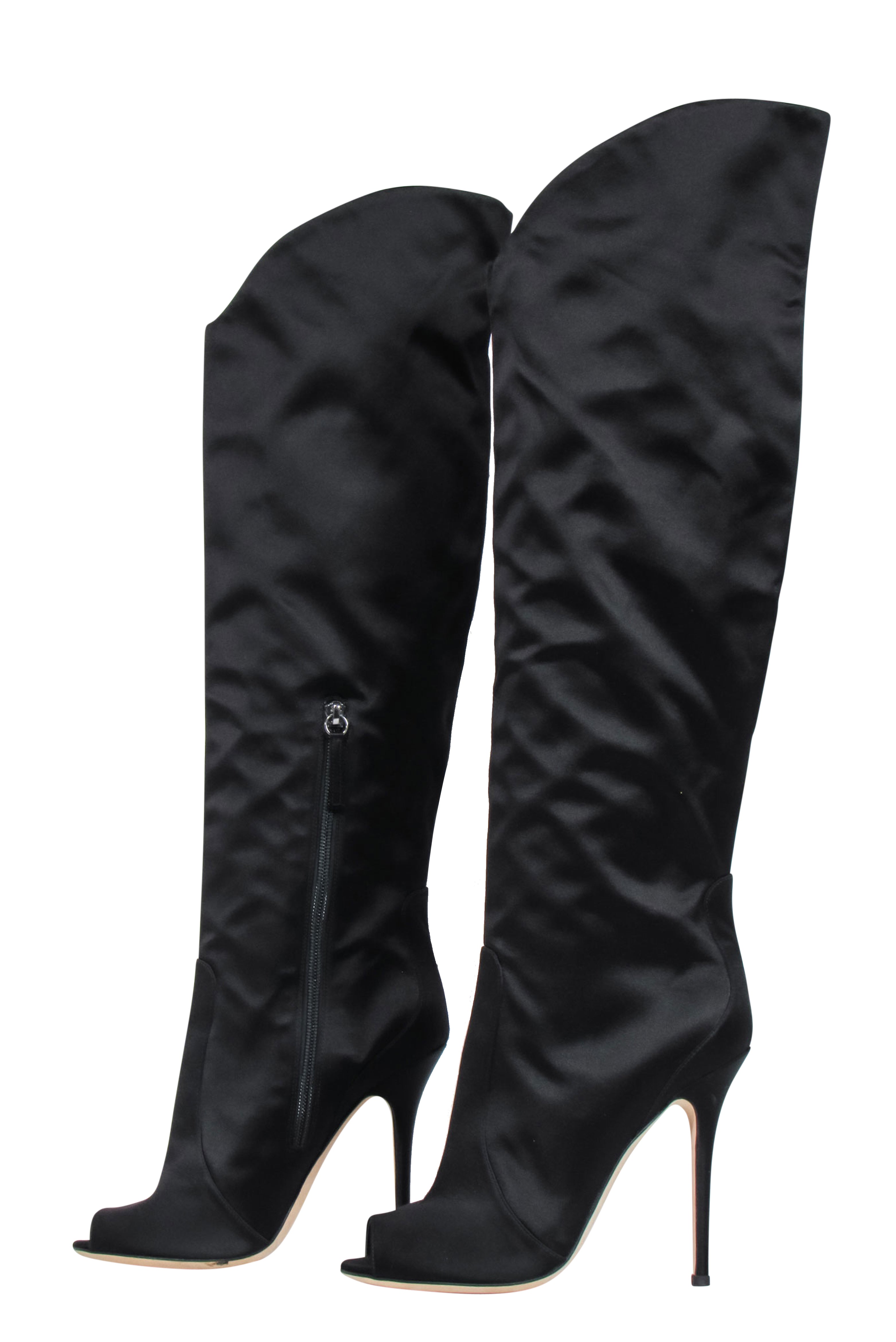 Giuseppe Zanotti Black Satin Peep-Toe Knee-High Boots - Size 8