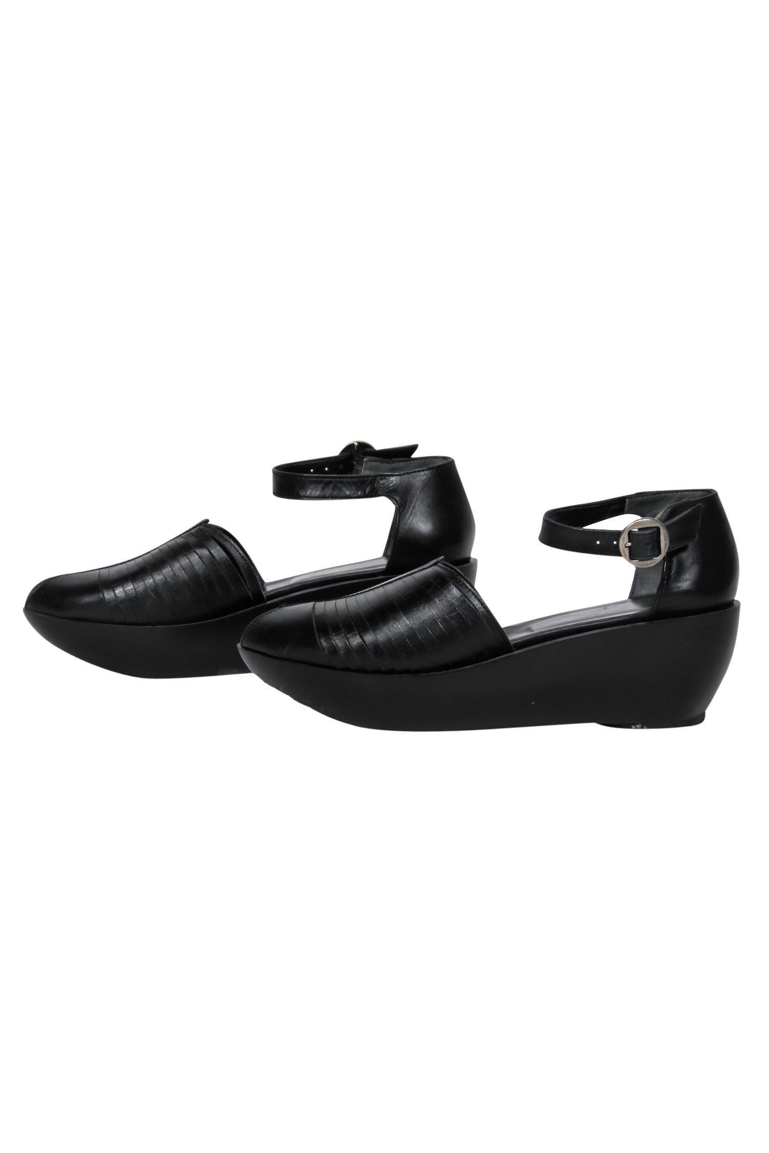 Robert Clergerie's Black Leather Ankle Strap Peep Toe Platforms - Size 6.5