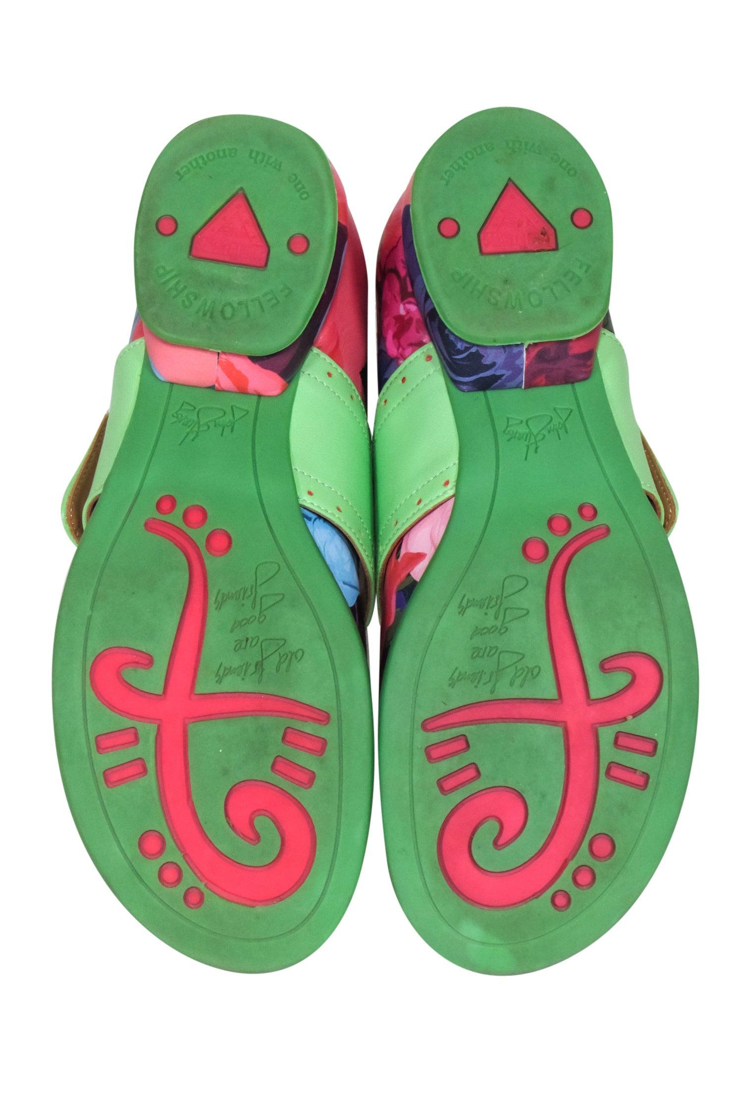 John Fluevog Green & Rose Floral Print Leather Mary Janes - Size 7