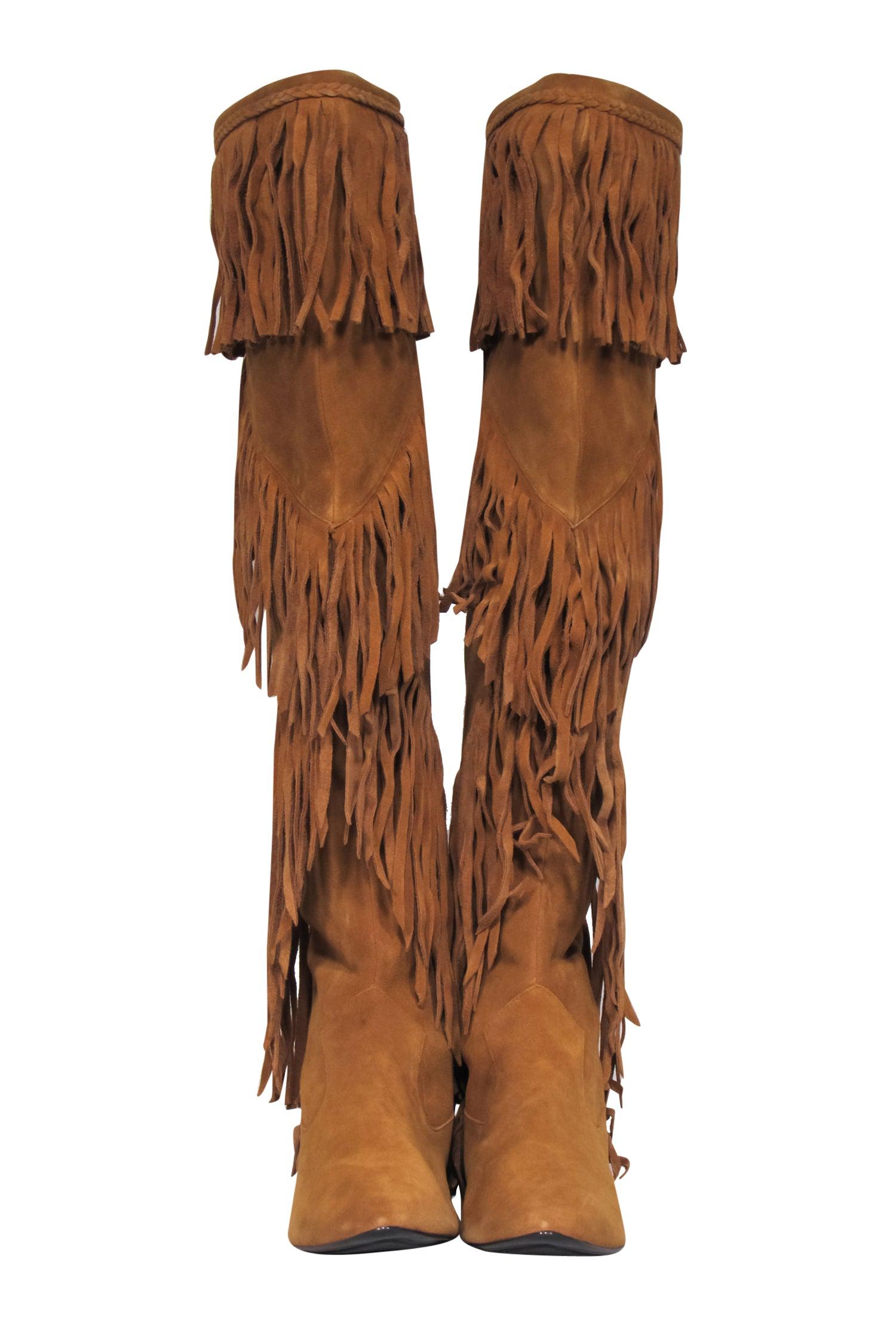 Sam Edelman Tan Suede Fringed Over-the-Knee Boots - Size 10 - Add Western Flare!
