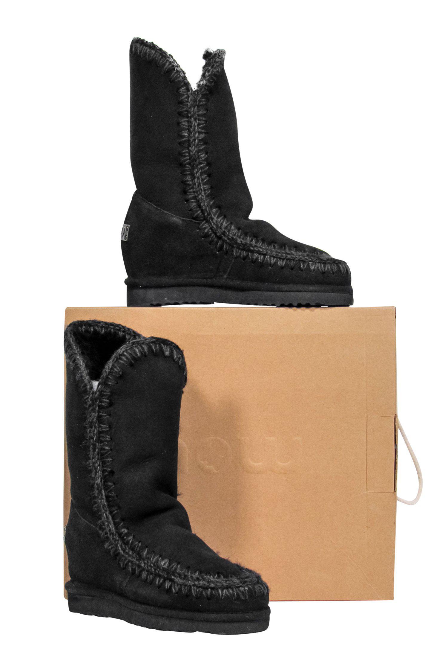Mou Black Sheepskin Suede Eskimo-Style Wedge Boots - Size 6