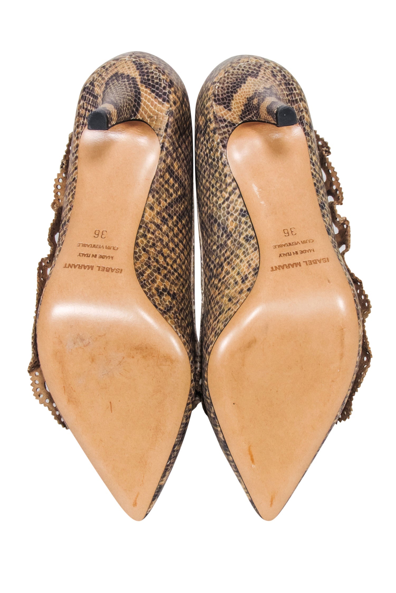 Isabel Marant - Tan & Brown Snakeskin-Embossed Leather Ruffle Pumps Size 6