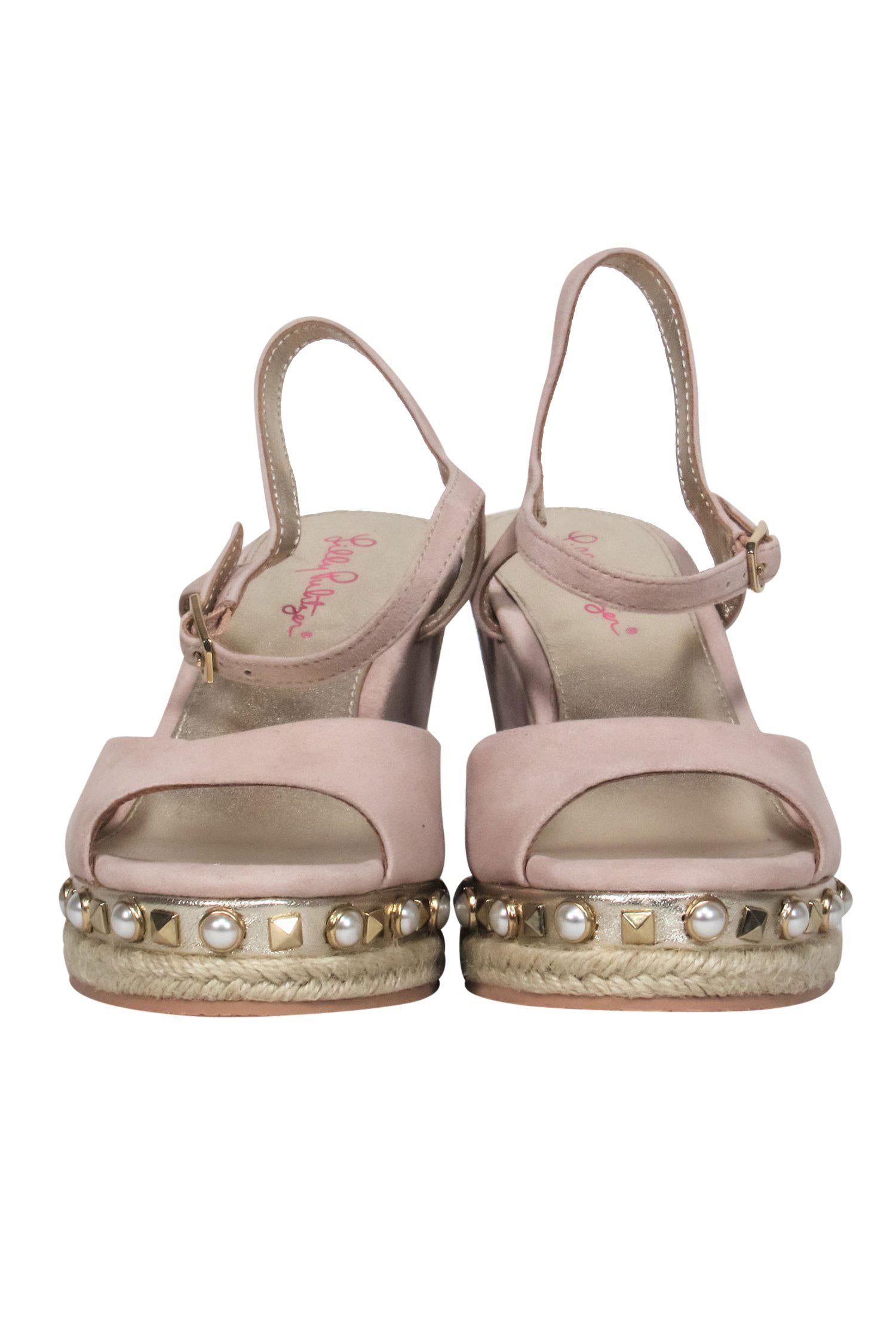Lilly Pulitzer's Sparkling Beige Suede Peep - Toe Wedges with Pearls and Studs, Size 7