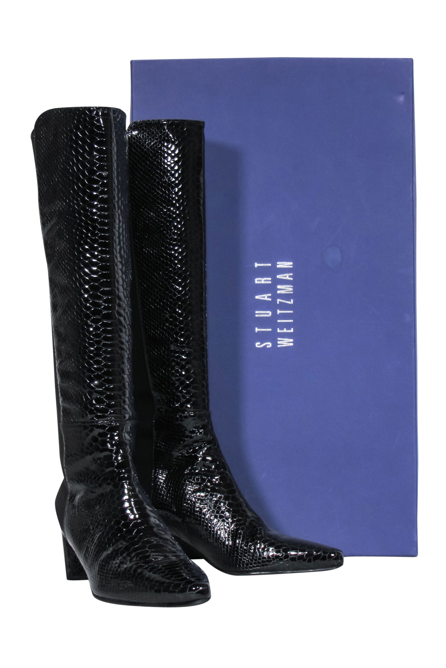 Stuart Weitzman's Alluring Black Reptile - Embossed Patent Leather Boots, Size 9