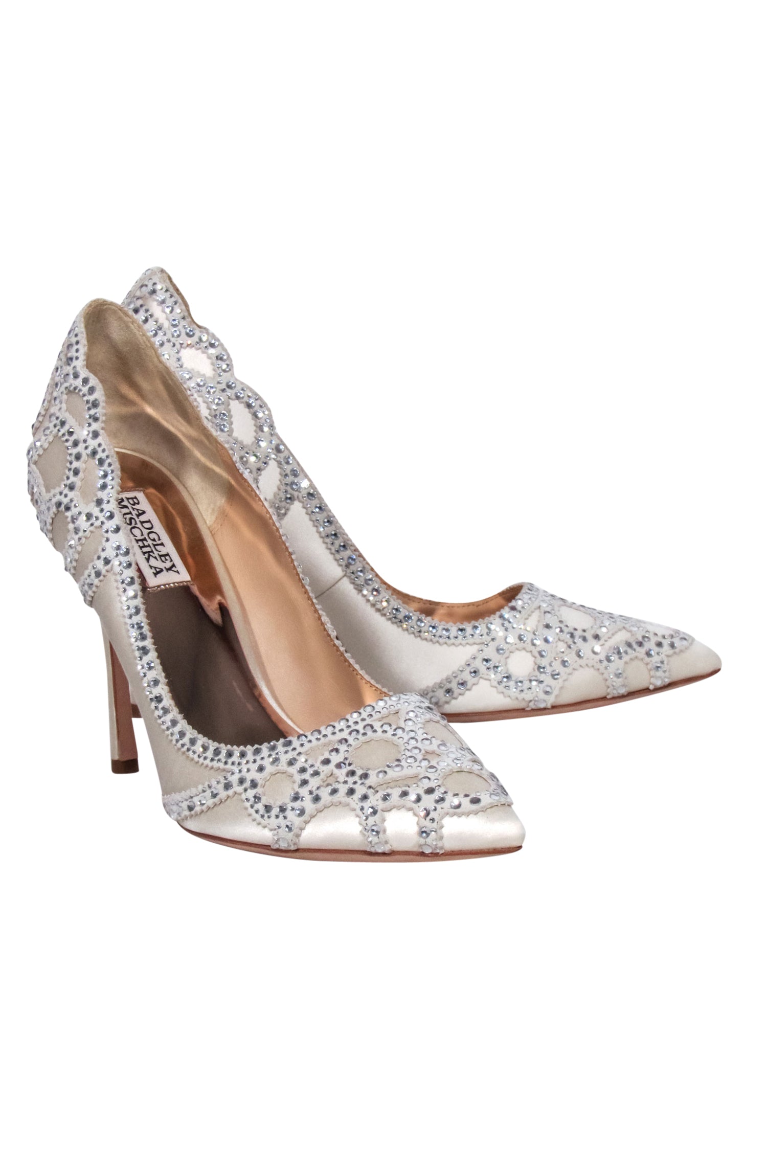 Badgley Mischka Ivory Satin Jewel-Trimmed Pointed Toe Pumps - Size 8.5