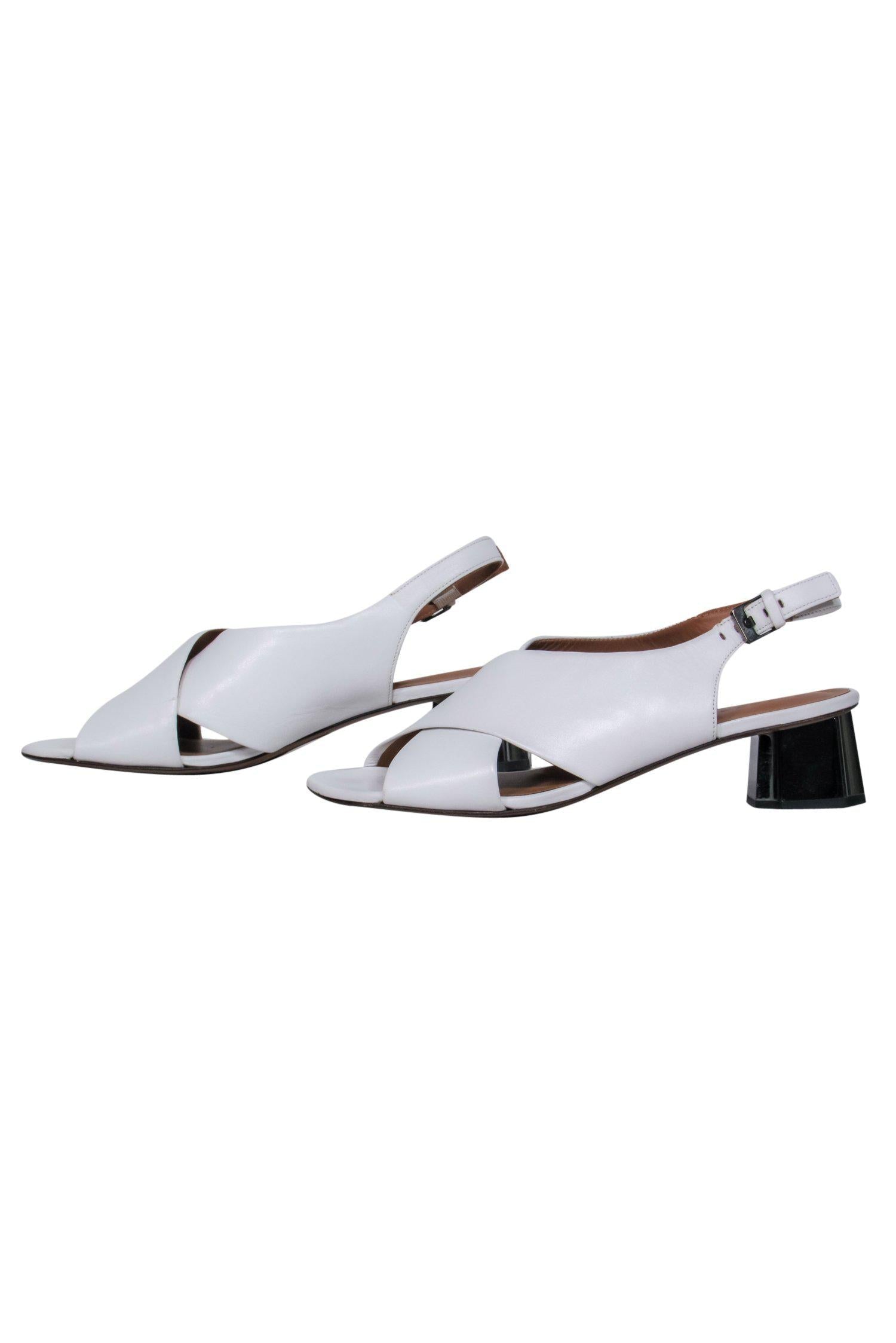 Robert Clergerie's Gorgeous White Smooth Leather Slingback Scalloped Block Heels - Size 8.5