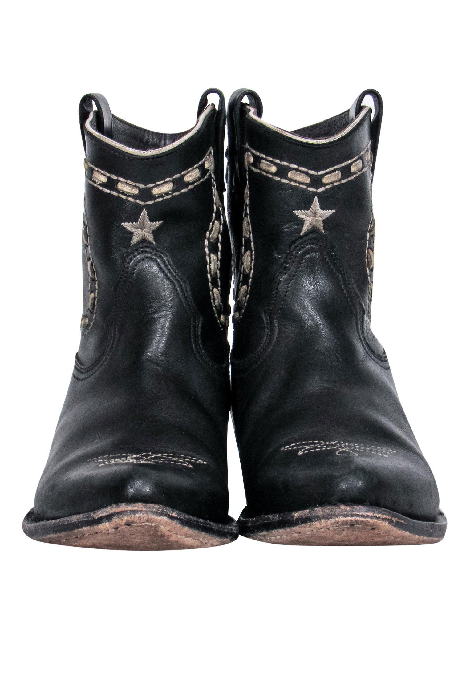 Golden Goose Black Western Distressed Boots with White Star Stitching - Size 6