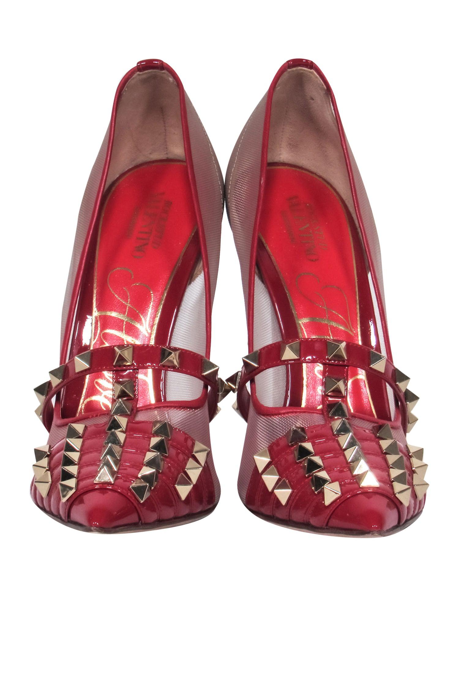 Valentino Red Patent & Mesh Studded Caged Pointed Toe Rockstud Pumps - Size 7.5