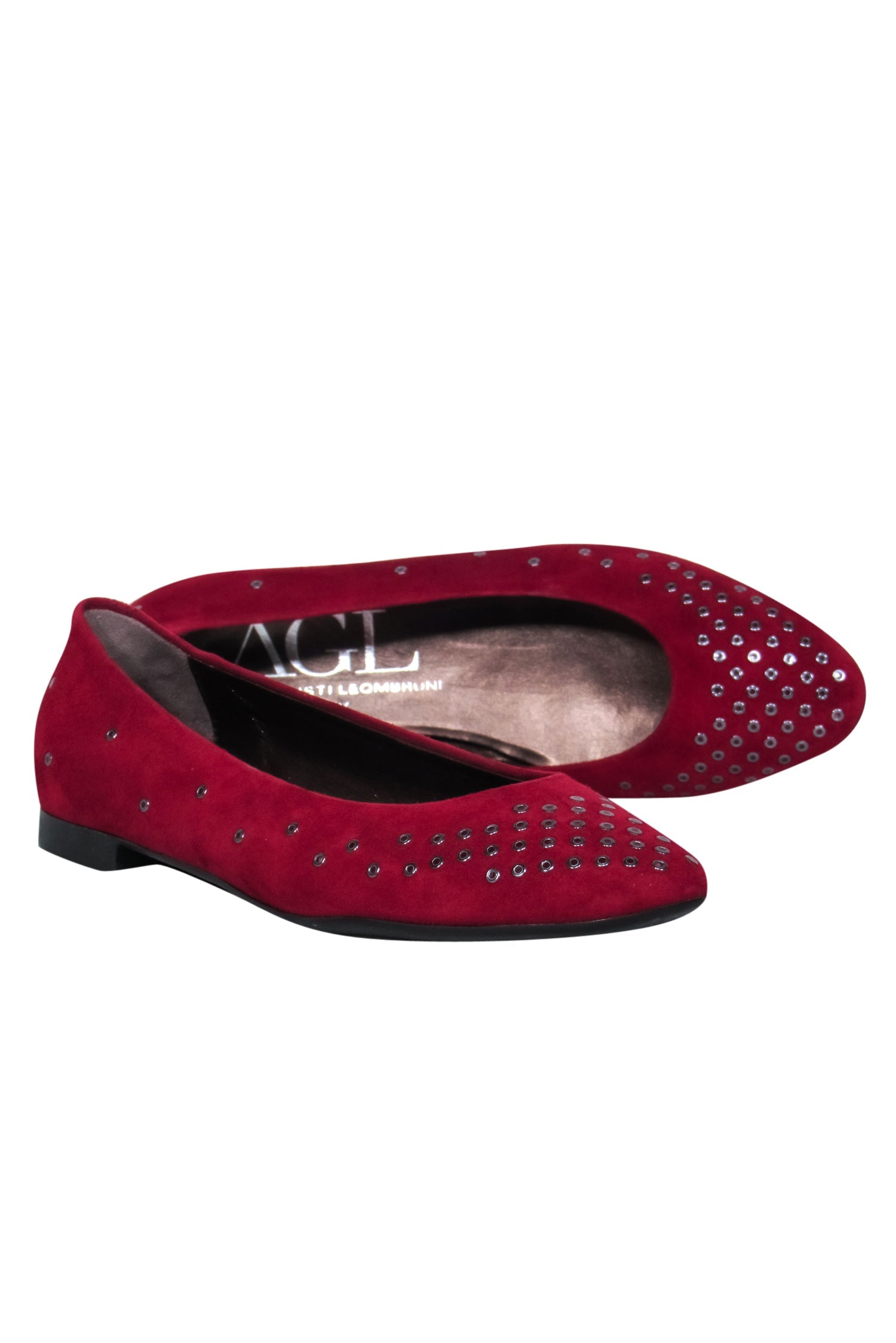 AGL - Stunning Dark Red Suede Flats with Grommets, Size 8
