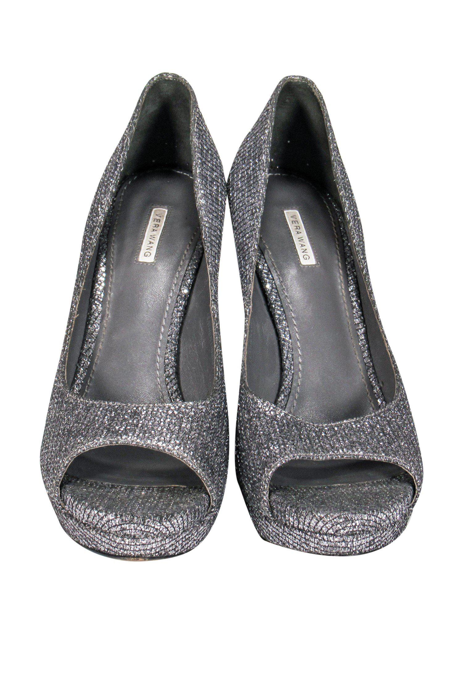 Vera Wang Gunmetal Glitter Peep - Toe Pumps: Size 7.5 Party Glam!
