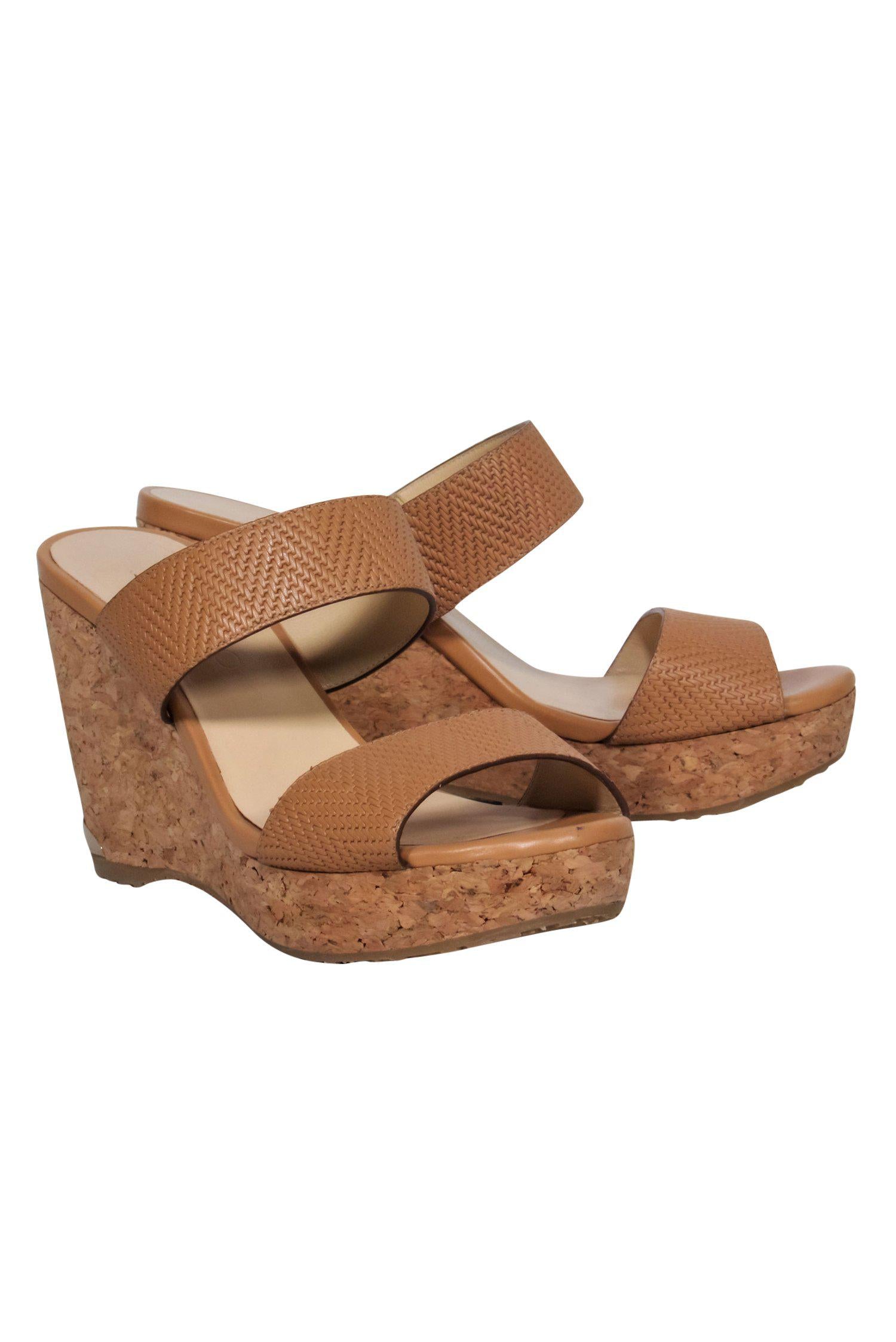 Jimmy Choo Tan Textured Leather Strappy Cork Wedges - Size 8 - Summer Fashion Must-Have