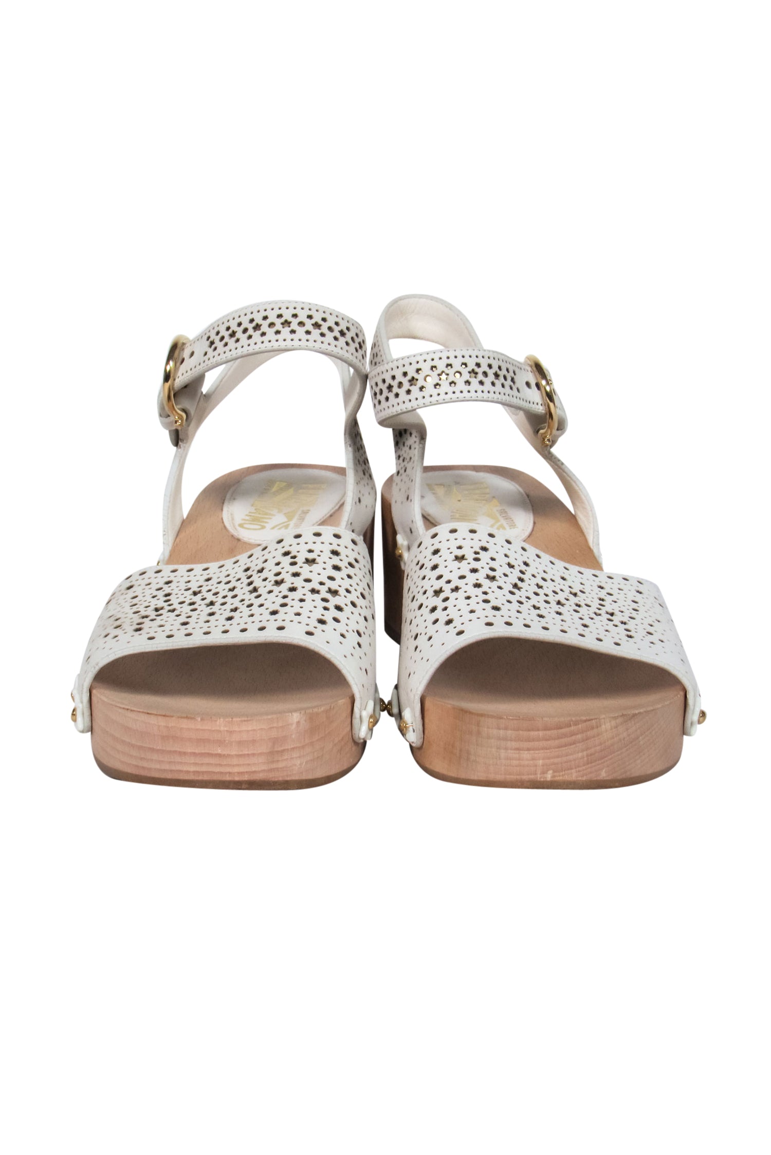 Ferragamo White Leather Clog Sandals with Golden Stars - Size 8