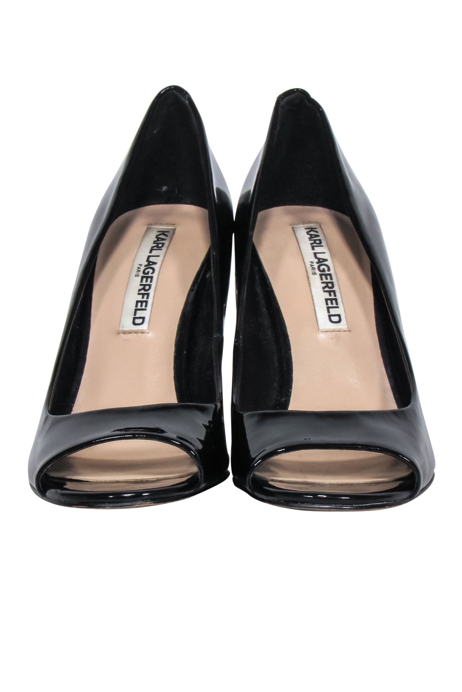 Karl Lagerfeld Black Patent Leather Pearl - Accented Peep - Toe Pumps (Size 7)