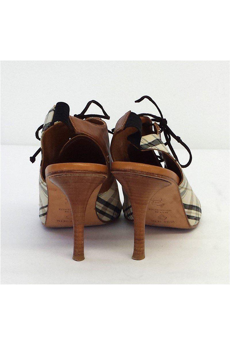 Olivia Rose Tal: Stylish Plaid & Leather Lace - Up Slingback Heels in Size 7
