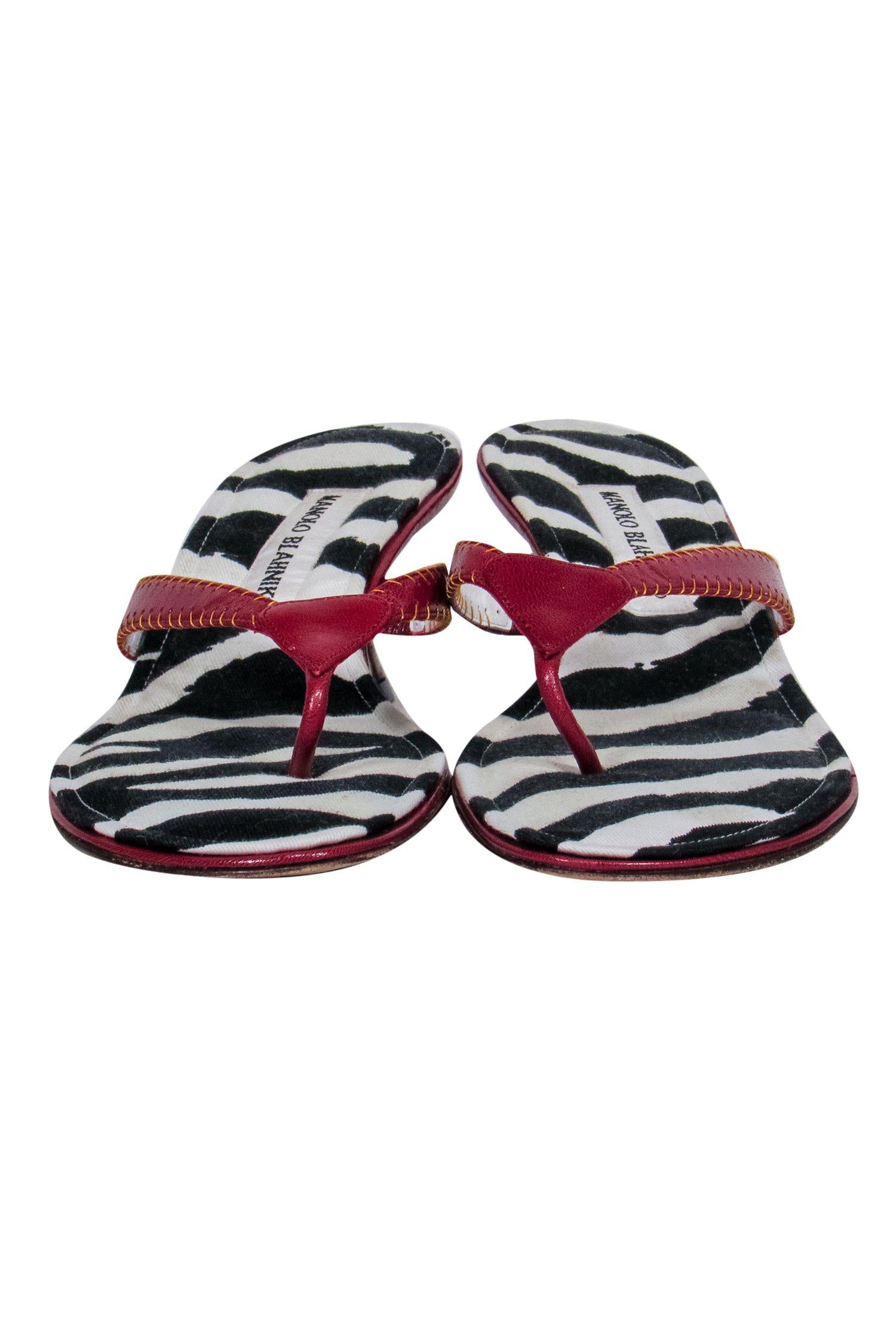 Manolo Blahnik's Stunning Red Leather & Zebra Printed Kitten Heel Sandals - Size 7.5
