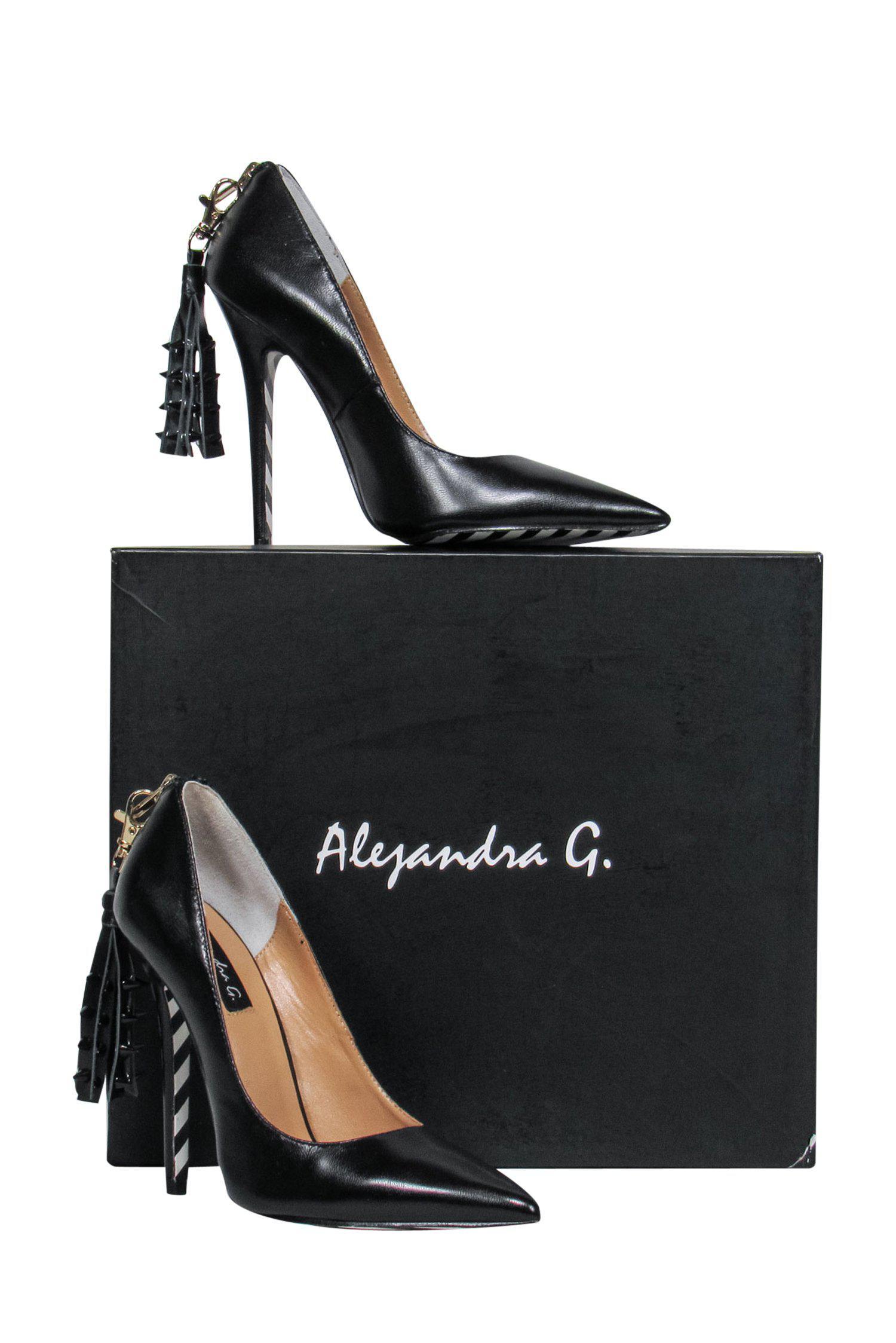 Alejandra G. Rita Stilettos - Black Leather Pointed Toe with Spiked Tassels, Size 6