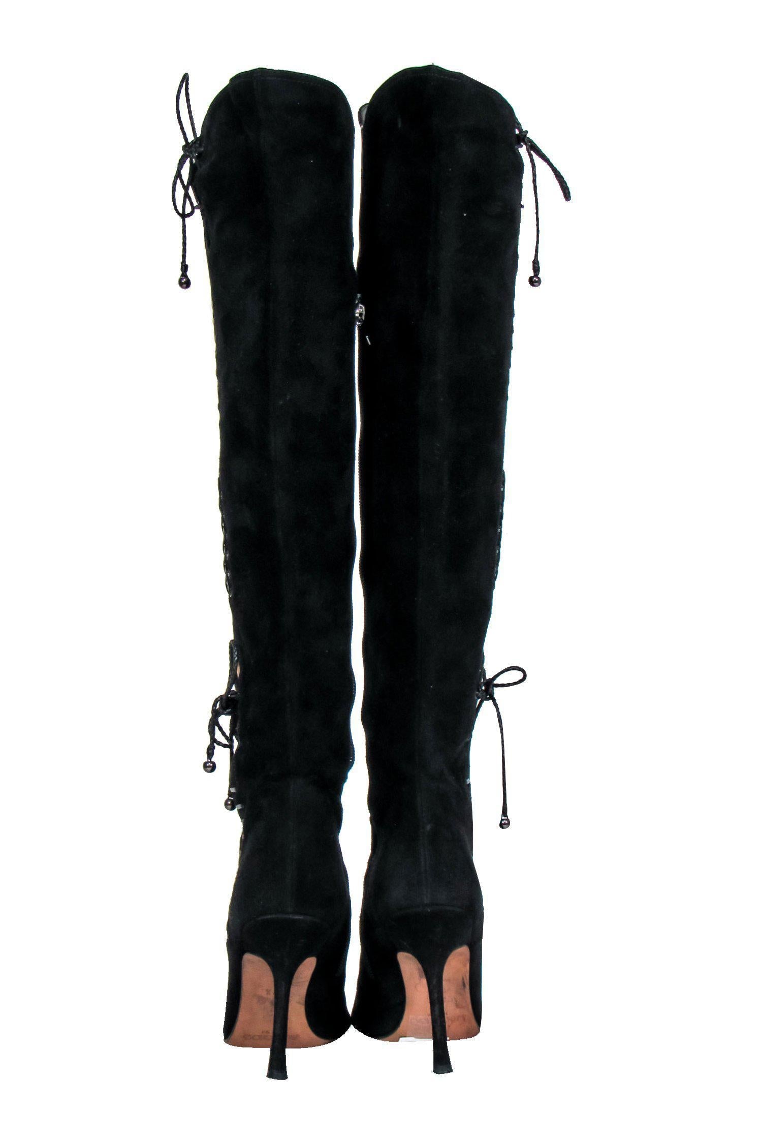 Jimmy Choo Black Suede Over-the-Knee Heeled Boots - Size 7.5, Stylish Lace-Up Design