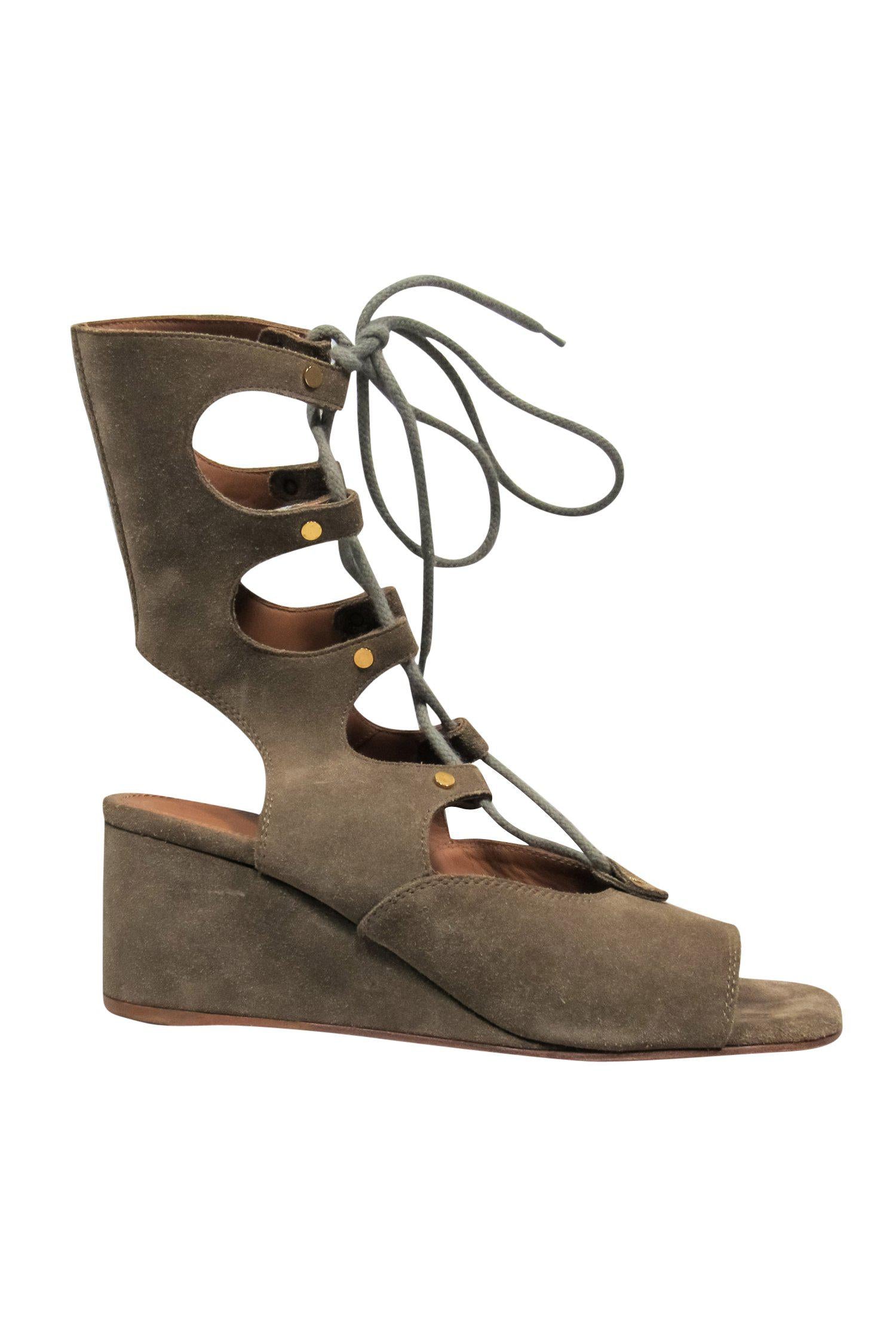 Chloe Olive Suede Lace - Up Wedge Sandals - Size 7 for Summer Glam