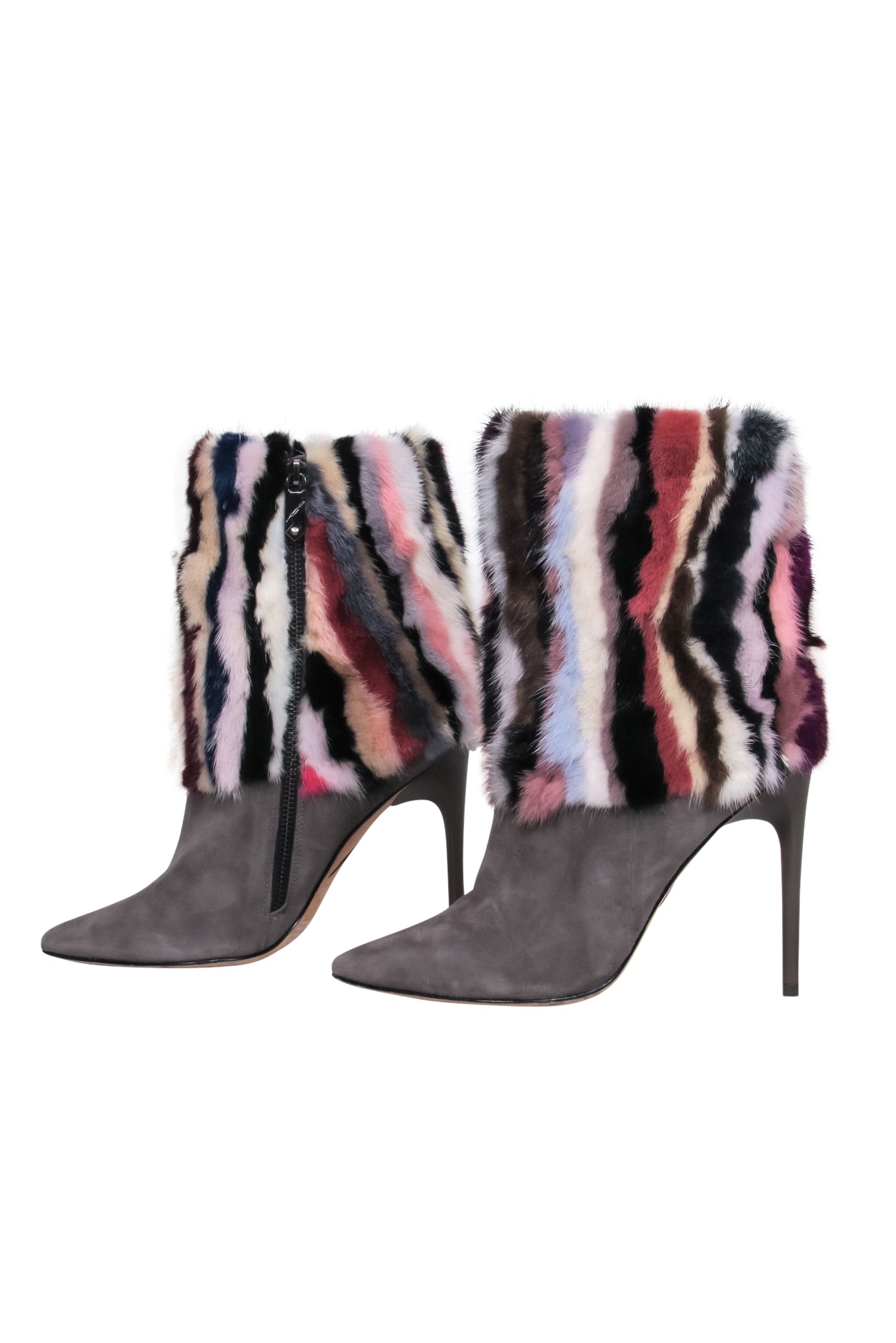 Brian Atwood Grey Suede Pointed Toe Boots with Multicolored Fur - Size 7.5 - A Fashion Statement!
