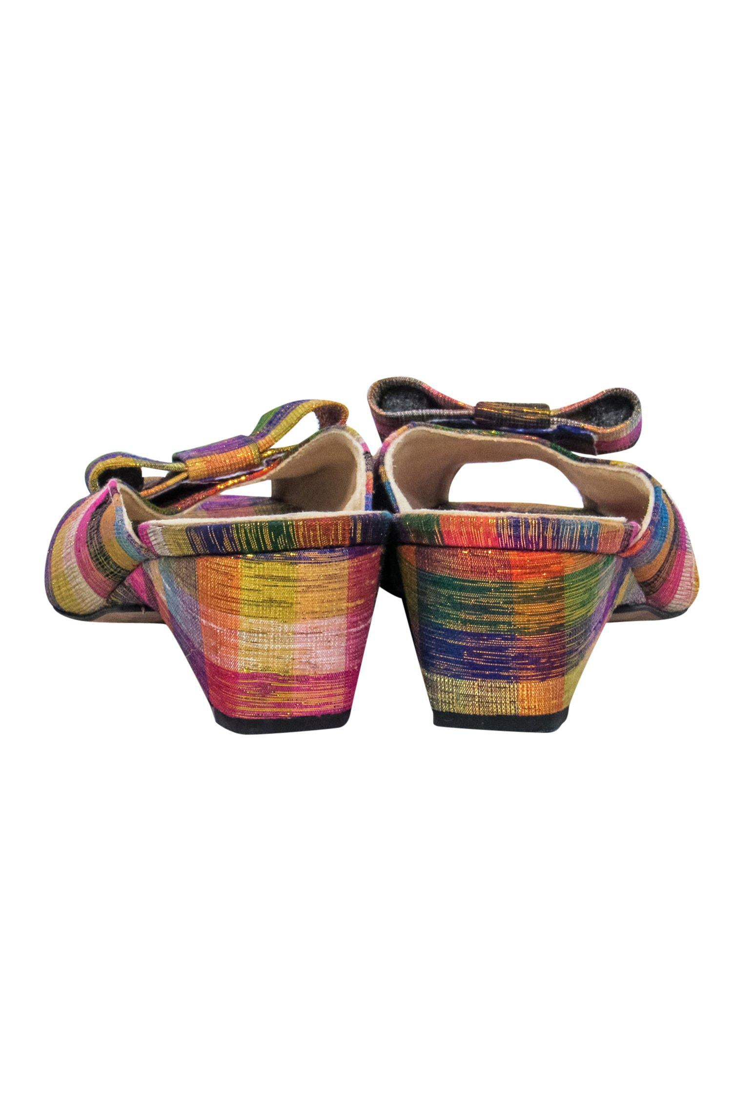 Stuart Weitzman's Magical Multicolored Metallic Plaid Peep - Toe Kitten Heels with Bow, Size 7
