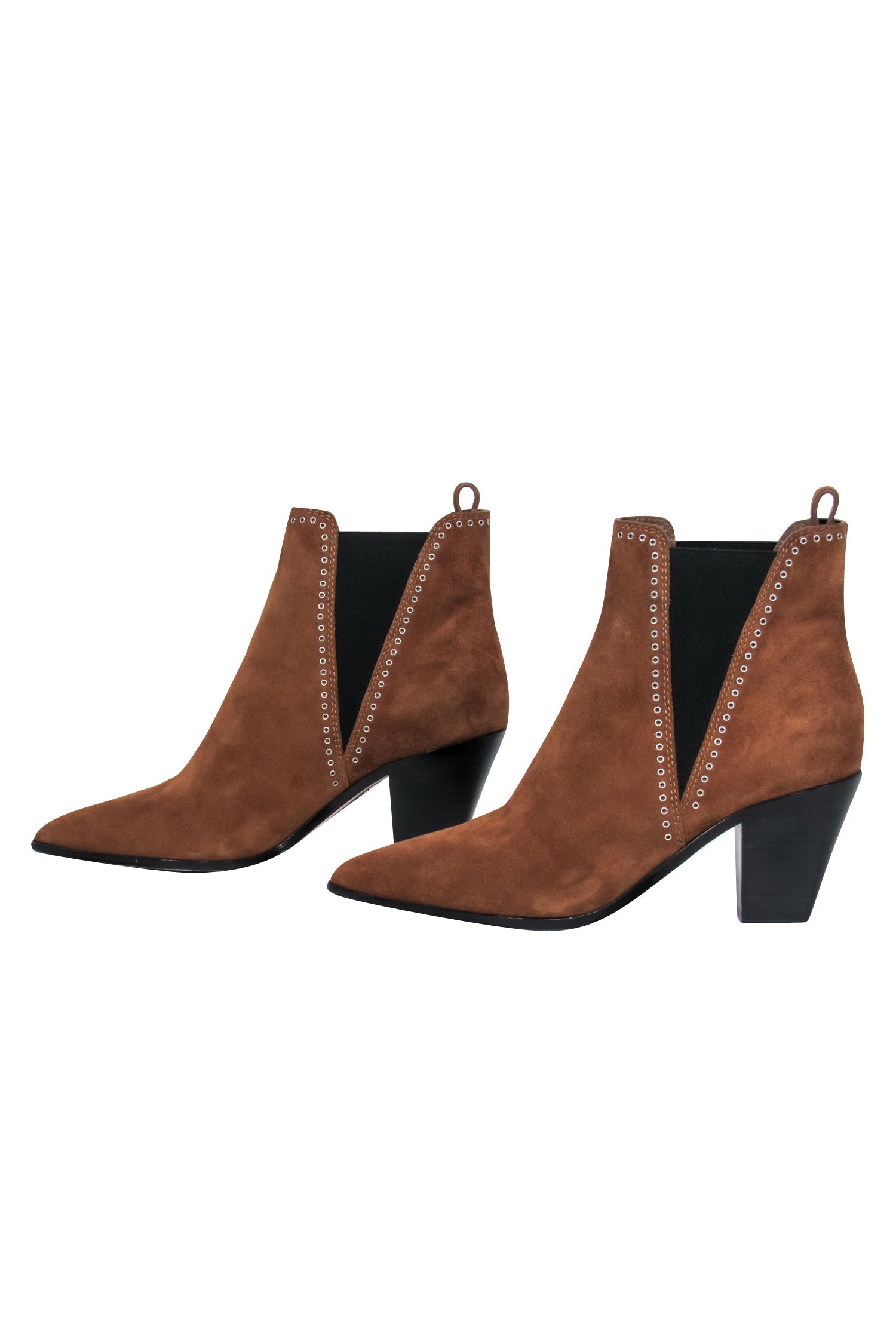 Paige Brown Suede Pointed Toe Block Heel Booties with Grommet Trim - Size 8