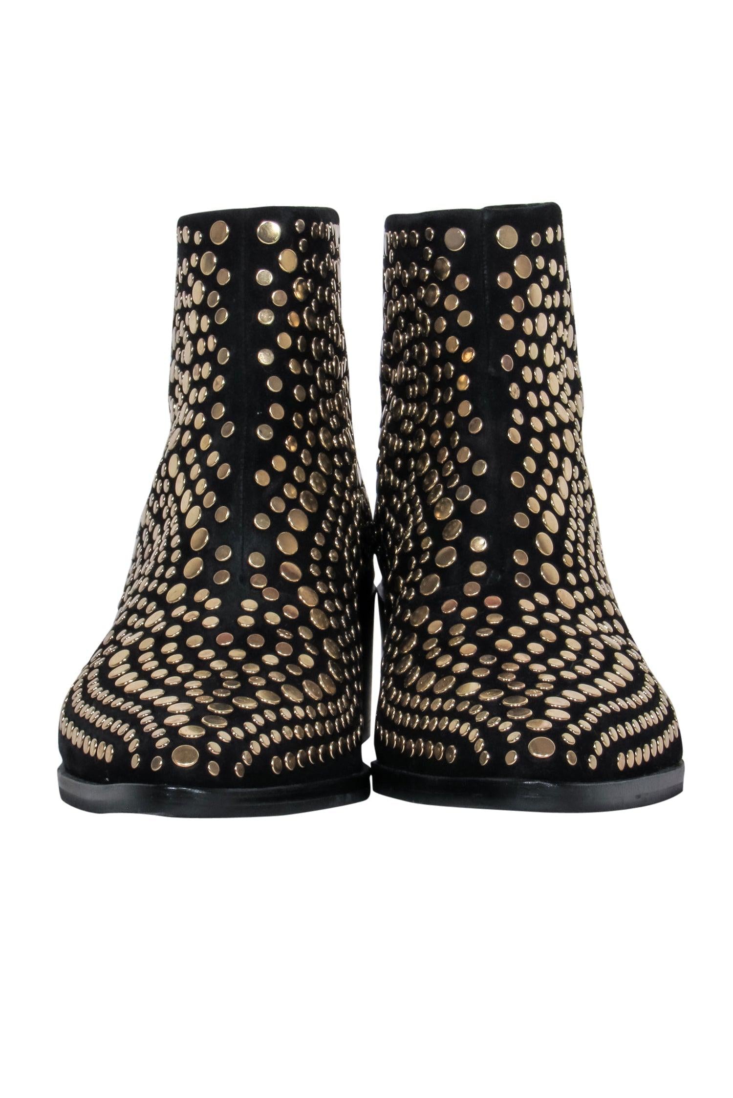 Vince Camuto's Stunning Black Suede Pointed Toe Booties with Gold Studs - Size 6