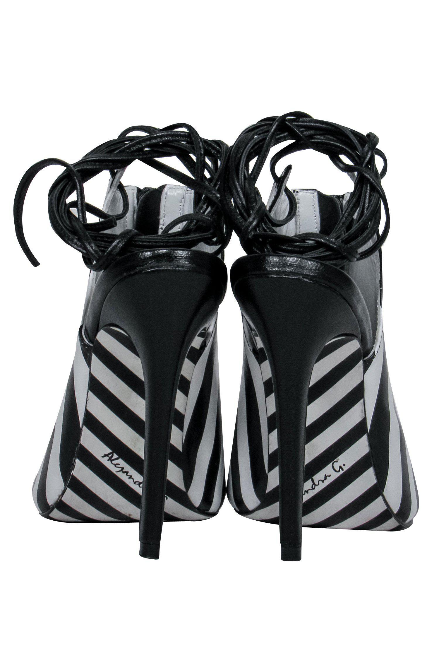 Alejandra G. Black & White Striped Peep - Toe Ariana Stilettos Size 6: Club - Ready Glam!