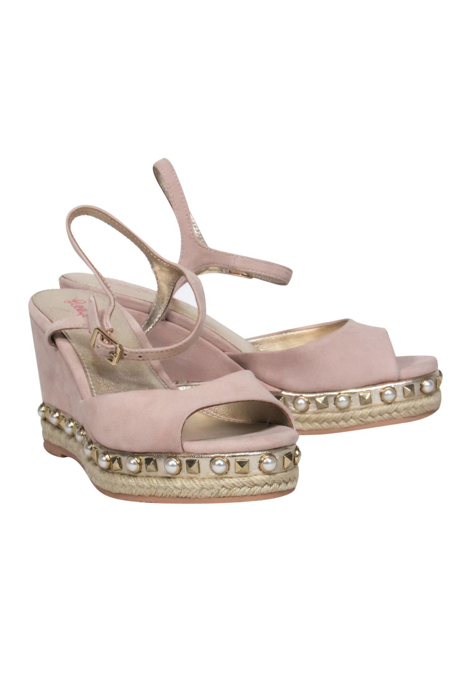 Lilly Pulitzer's Sparkling Beige Suede Peep - Toe Wedges with Pearls and Studs, Size 7