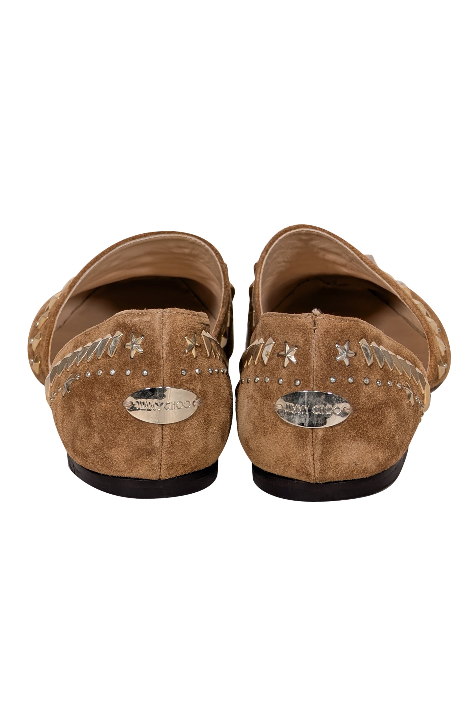 Jimmy Choo Tan Suede Flats with Gold Studded Trim - Size 6