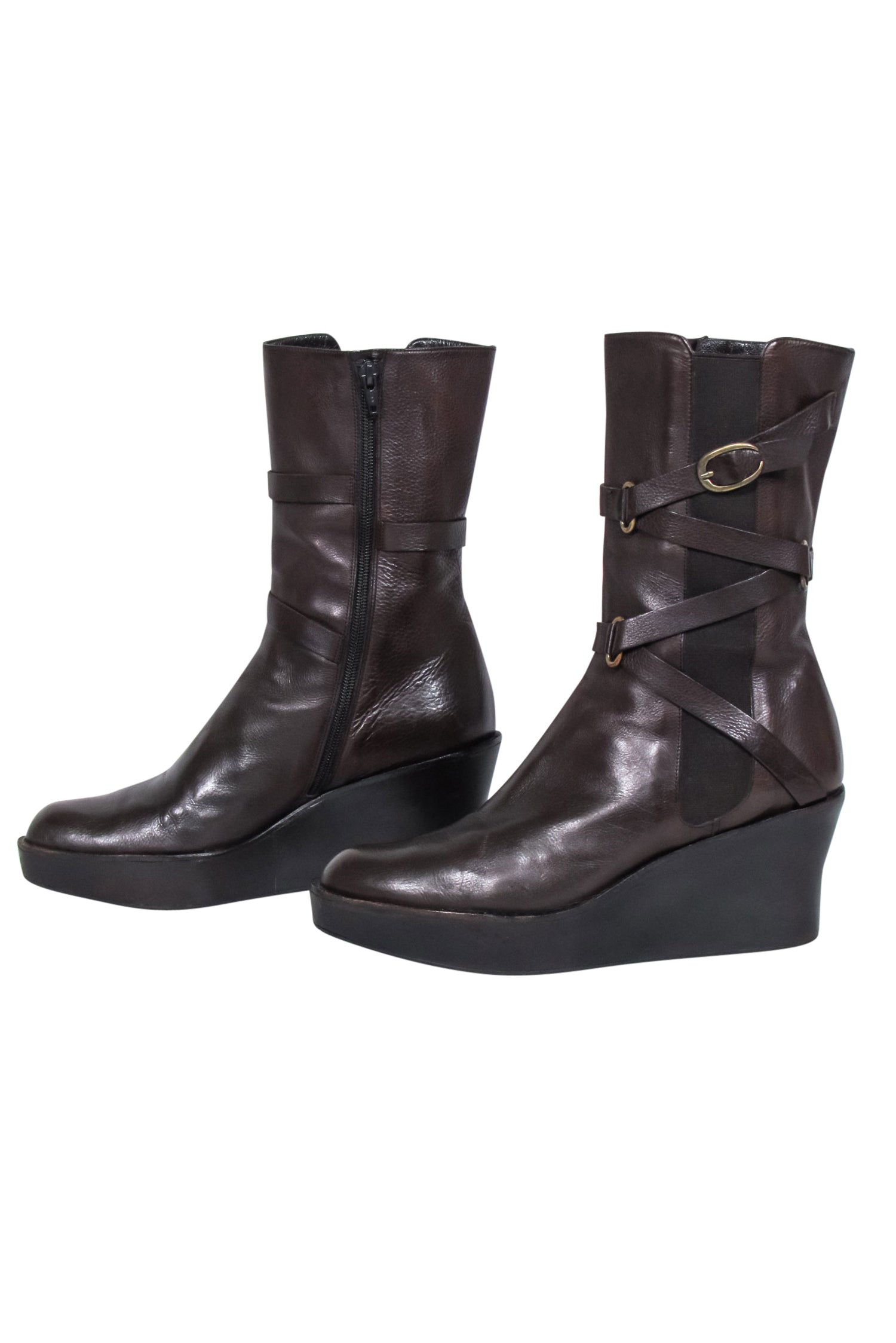 Stuart Weitzman Brown Buckle Wedged Boots - Size 8.5, Winter Style Essential