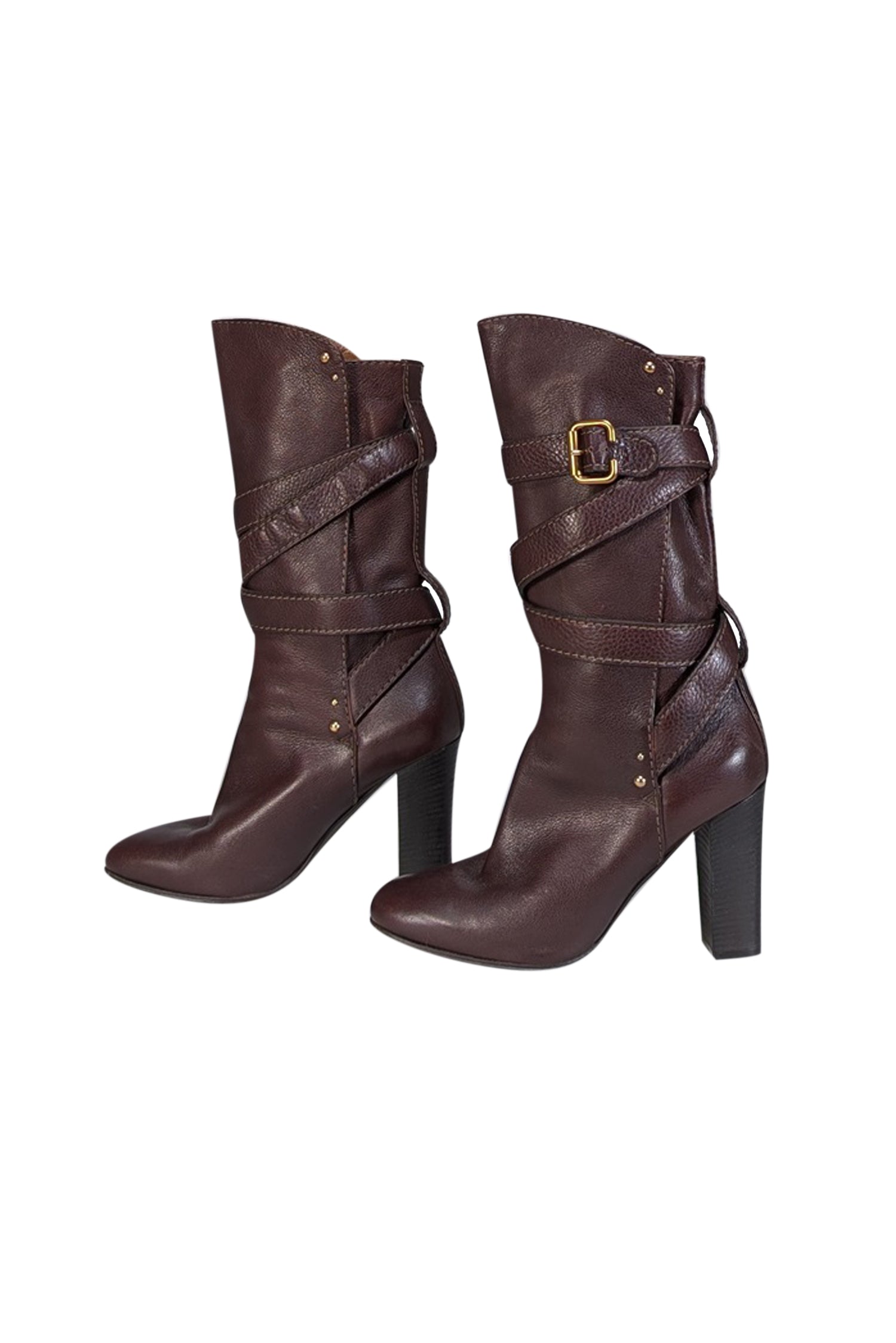 Chloe's Stunning Brown Leather Wrap - Around Buckle Tall Boots, Size 10.5
