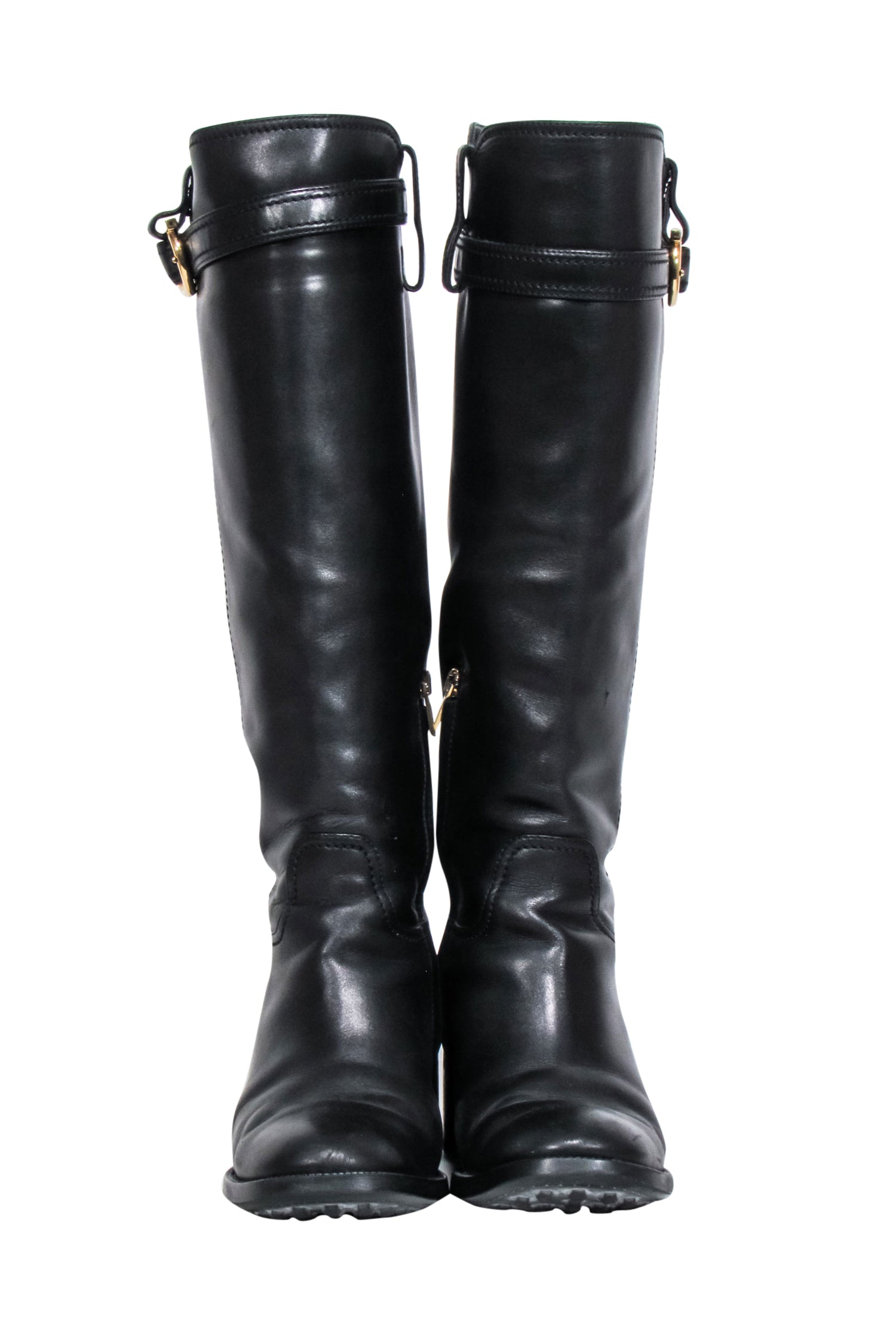 Ferragamo's Stunning Black Leather Riding Boots with Gancini Accent - Size 7.5