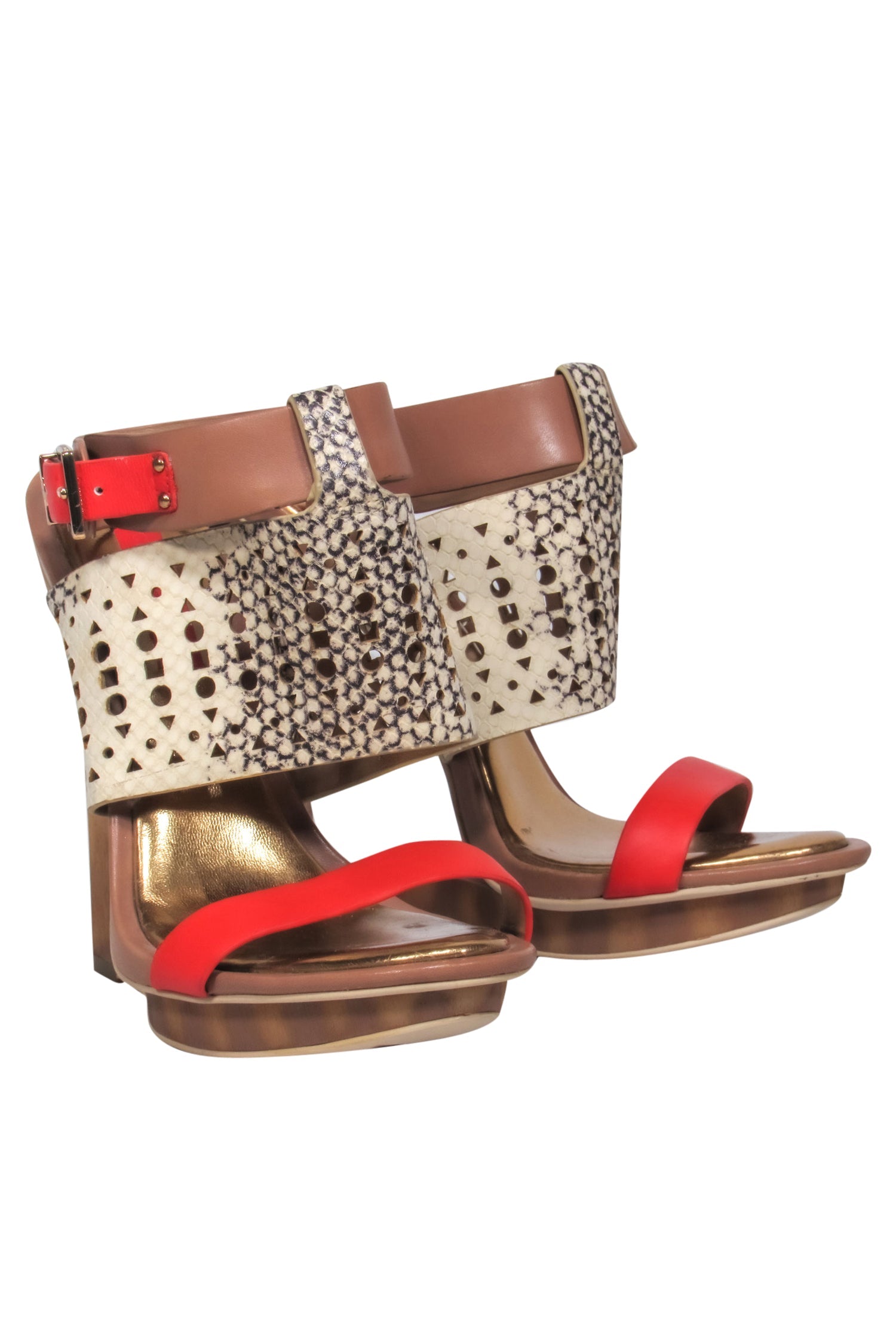 BCBG Max Azria - Stunning Orange & Snake Print Open Toe Wooden Hollow Wedge in Size 8