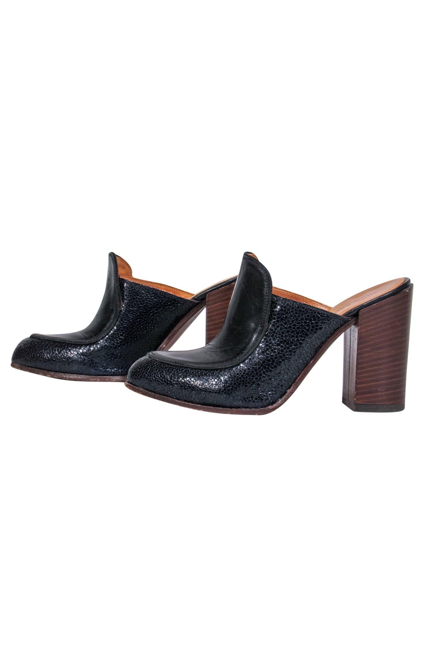 Billy Reid's Stunning Black Embossed Mule Pumps with Wooden Heel - Size 6.5
