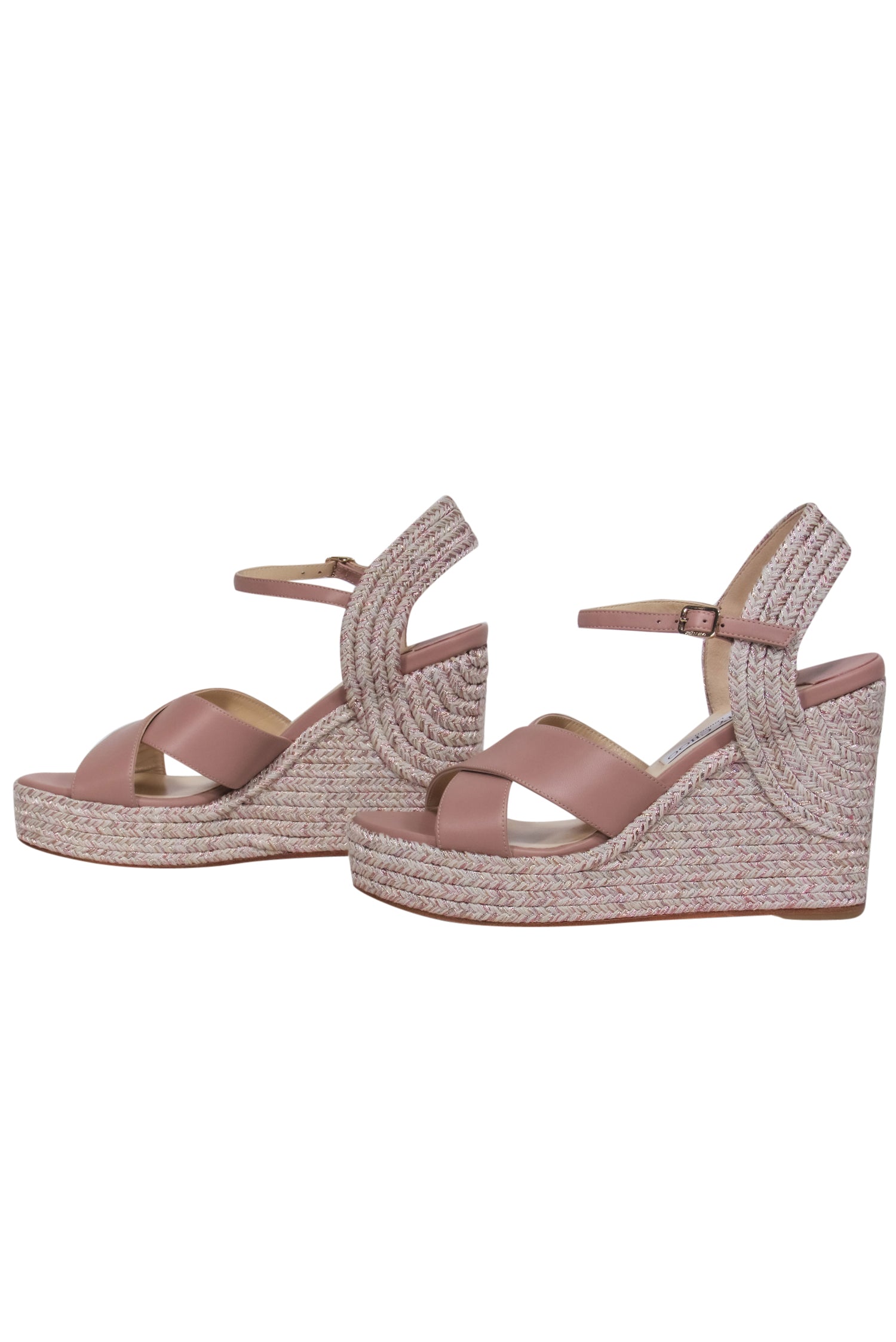 Jimmy Choo Pink Leather & Metallic Rope Trim Wedge Espadrille Heels - Size 8