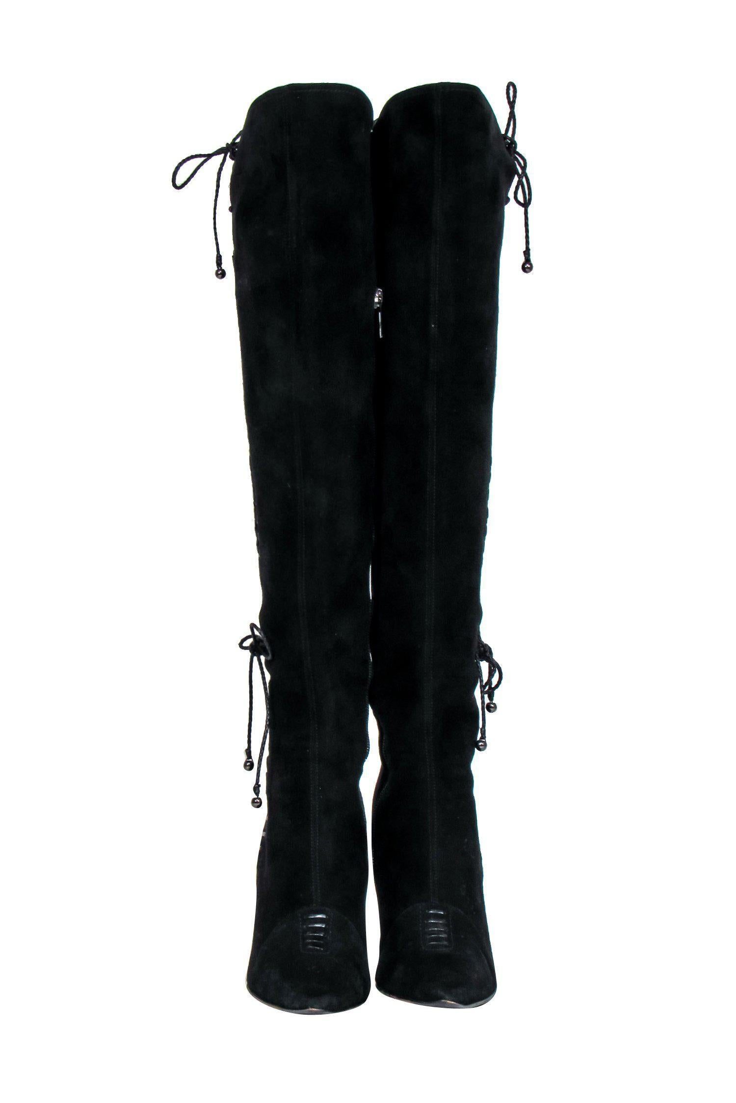 Jimmy Choo Black Suede Over-the-Knee Heeled Boots - Size 7.5, Stylish Lace-Up Design
