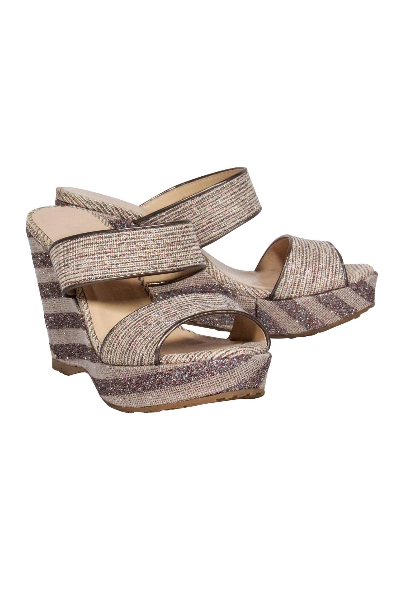 Jimmy Choo Beige Sparkly Striped Woven Strappy Platform Wedges - Size 8: Summer Sparkle!
