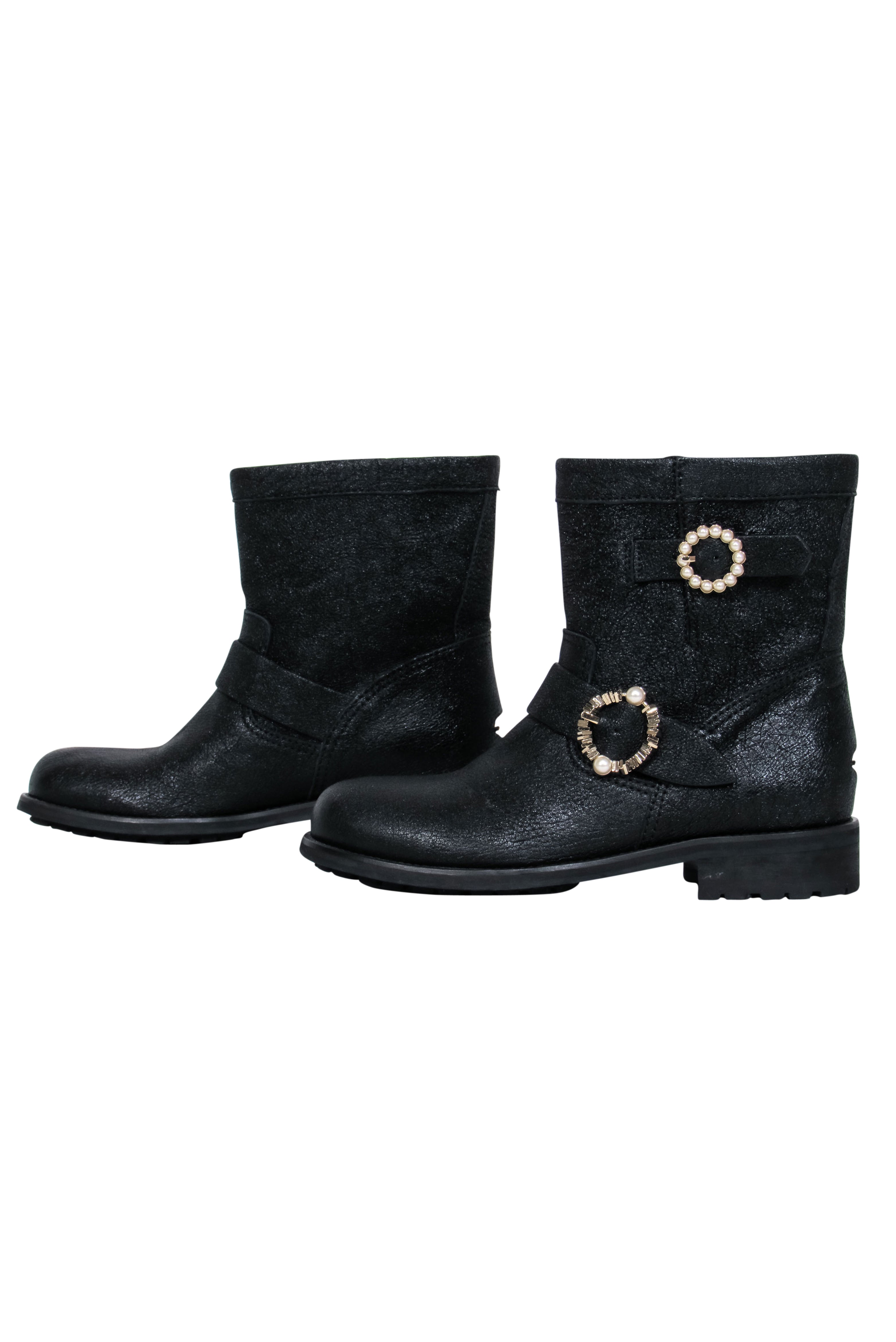 Jimmy Choo Black Sparkle Leather Ankle Lugsole Boots with Pearl Buckles - Size 6.5