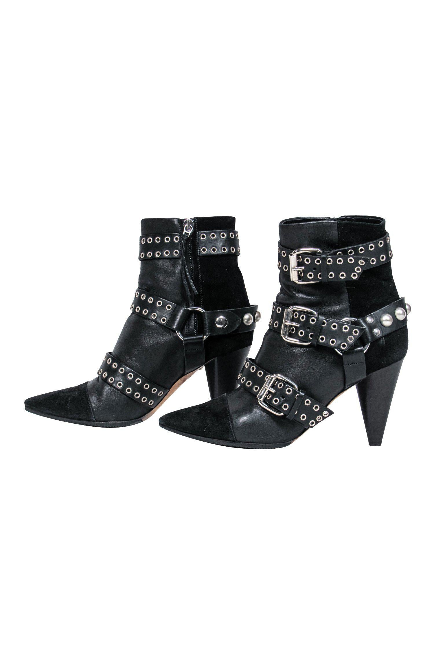 Isabel Marant Black Leather Buckled Heeled Booties with Suede Trim - Size 5.5