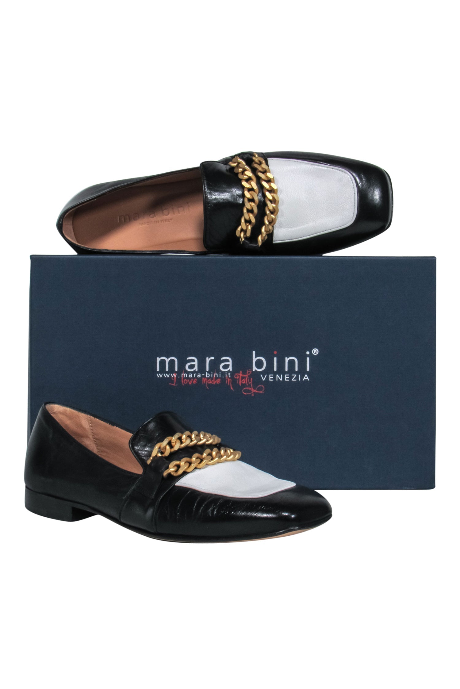 Mara Bini - Stunning Black & White Color Block Loafers with Gold Chain, Size 7.5